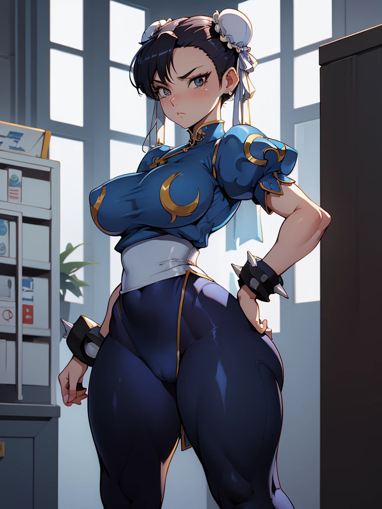 Chun-Li,linda jovem com uniforme azul classico, coxas grossas, belas coxas sexy,um pouco muscolosa, cabelo preso, black tights,cidade chinesa a tarde, Standing alone.solo, roupa azul, saia azul, olhar serio, belos olhos, belo rosto bem detalhado, olhos e sobrancelhas detalhado.olhos castanhos escuros
