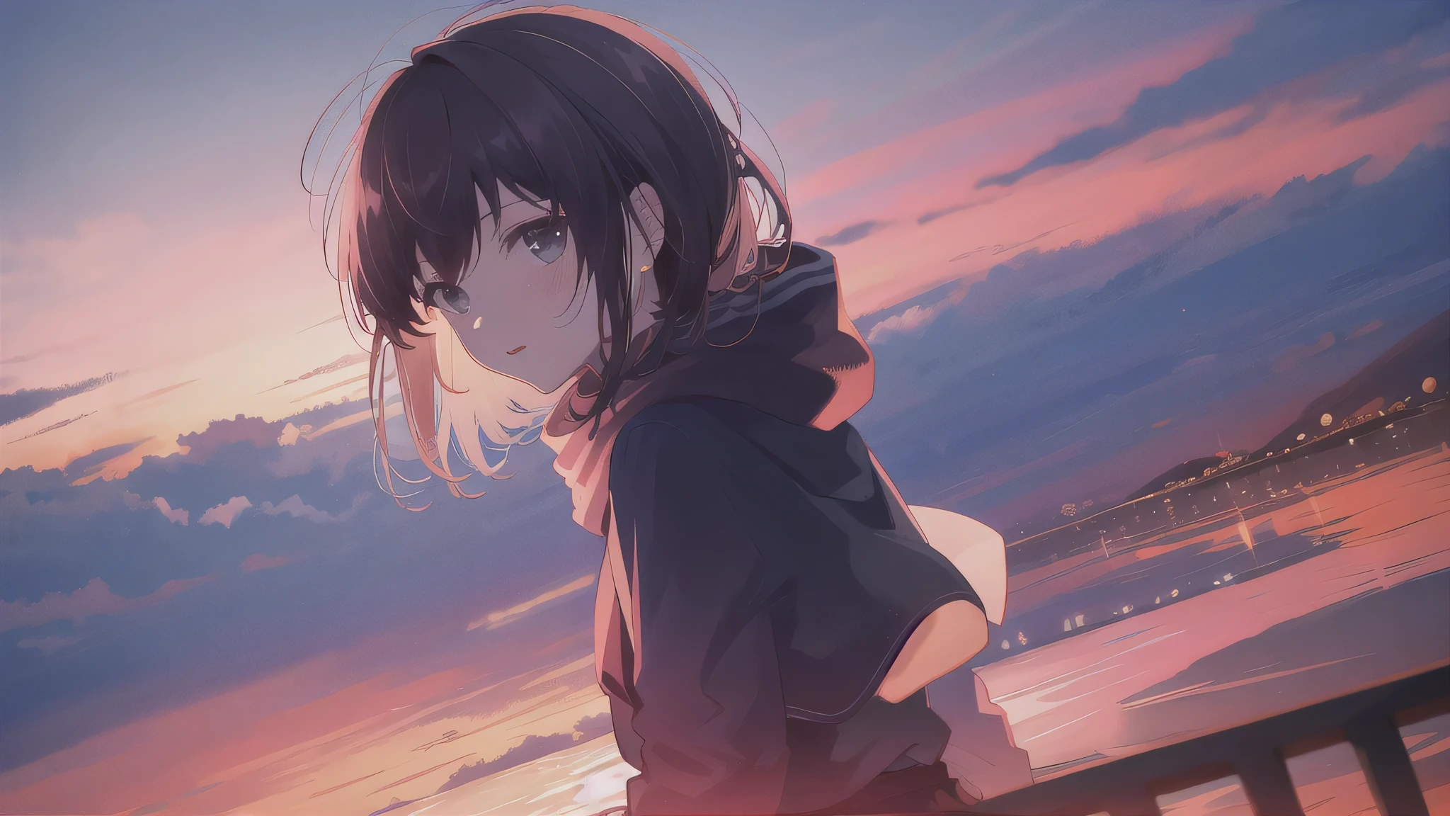 1 girl, sunset,