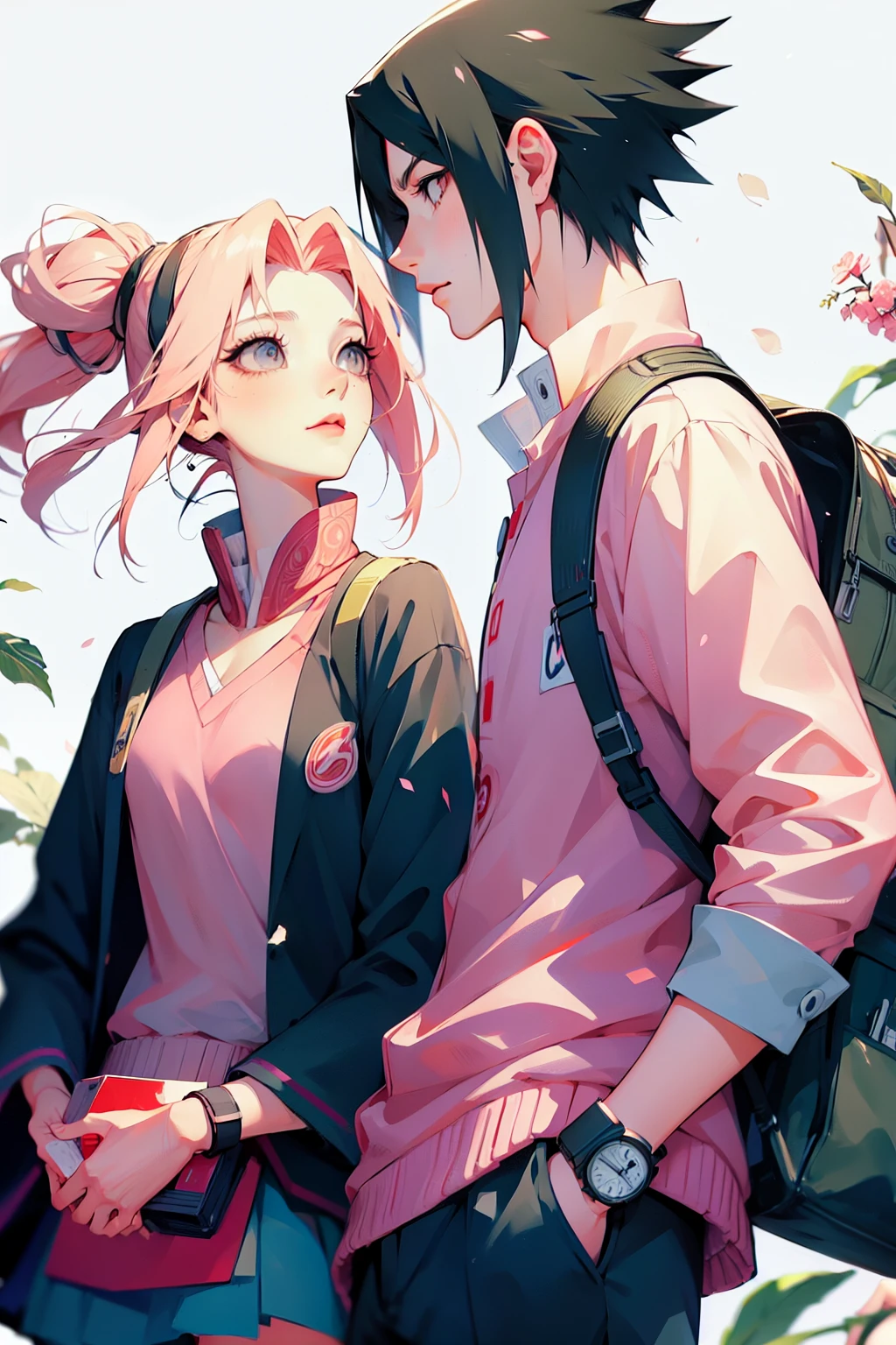 sasusaku. Sasuke Uchiha, a tall, black-haired man wearing a Quarterback football uniform, is a student, with his hands in his pockets. Sakura, a thin woman with pink hair, cheerleader. best quality, adorable, ultra-detailed, illustration, complex, detailed, extremely detailed, detailed face, soft light, soft focus, perfect face. In love, illustration. two people, couple,