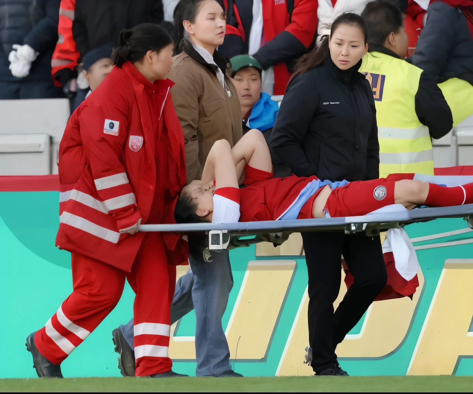 A scene at a soccer stadium in Mongolia, There is an attractive and heavily made-up Mongolian female police officer in a long black leather coat, A Mongolian female police officer in a shiny black leather coat on a soccer field, A Mongolian female police officer is holding a stretcher, A man is lying on the soccer stadium his back with his torso on the right in matt and roughened white and red sportswear on a stretcher, a man lies on a stretcher and has his left arm bent over his face, we only see the torso and thighs of the male athlete who is being carried with the stretcher to the left off the picture, the man lies on his back on the stretcher and covers his face with his bent left arm, the mongolian policewoman is exceptionally heavily made up and has an extremely desperate and very angry expression on her face, high-resolution photo, realistic sports photo, soccer scene, mongolia, mongolian policewoman, uniformed woman in black shiny long leather coat, injury scene, real photo, ultra realistic, high definition, sports photography