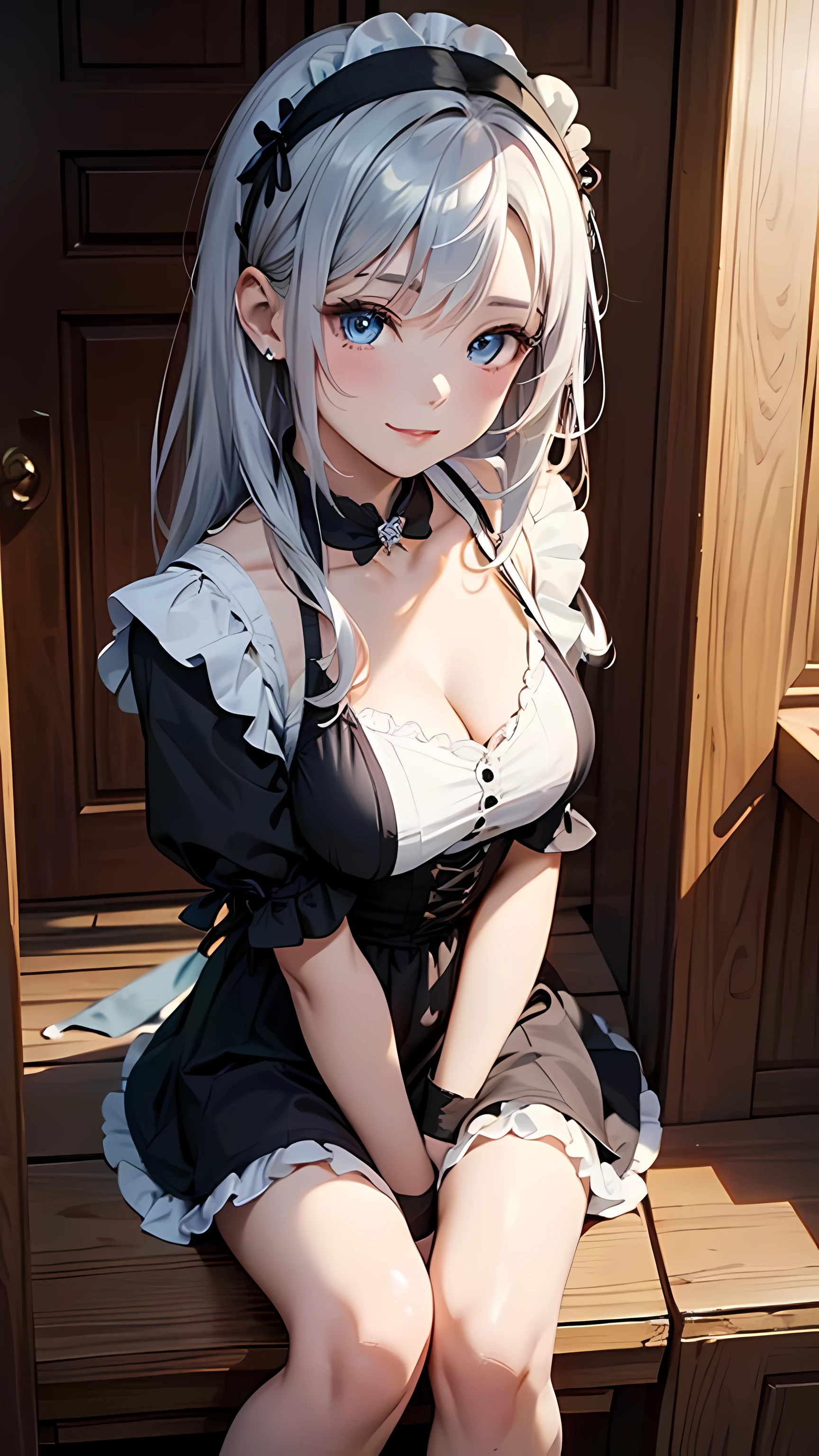 (best masterpiece, highest quality, highest quality,official art),(mature woman:1.3),(attractive woman made),((masterpiece, highest quality))、8K、one woman、((30 years old))、((silver hair))、long hair、messy hair、attractive woman、blue eyes、Big eyes、sparkling eyes、Beautifully drawn eyes、smile、wink、small bust、Black Gothic Maid、((white headband))、(Knee to head:1.3)、Entrance of a luxurious house、aerial perspective、pure、transparent、Light、Light、Light、