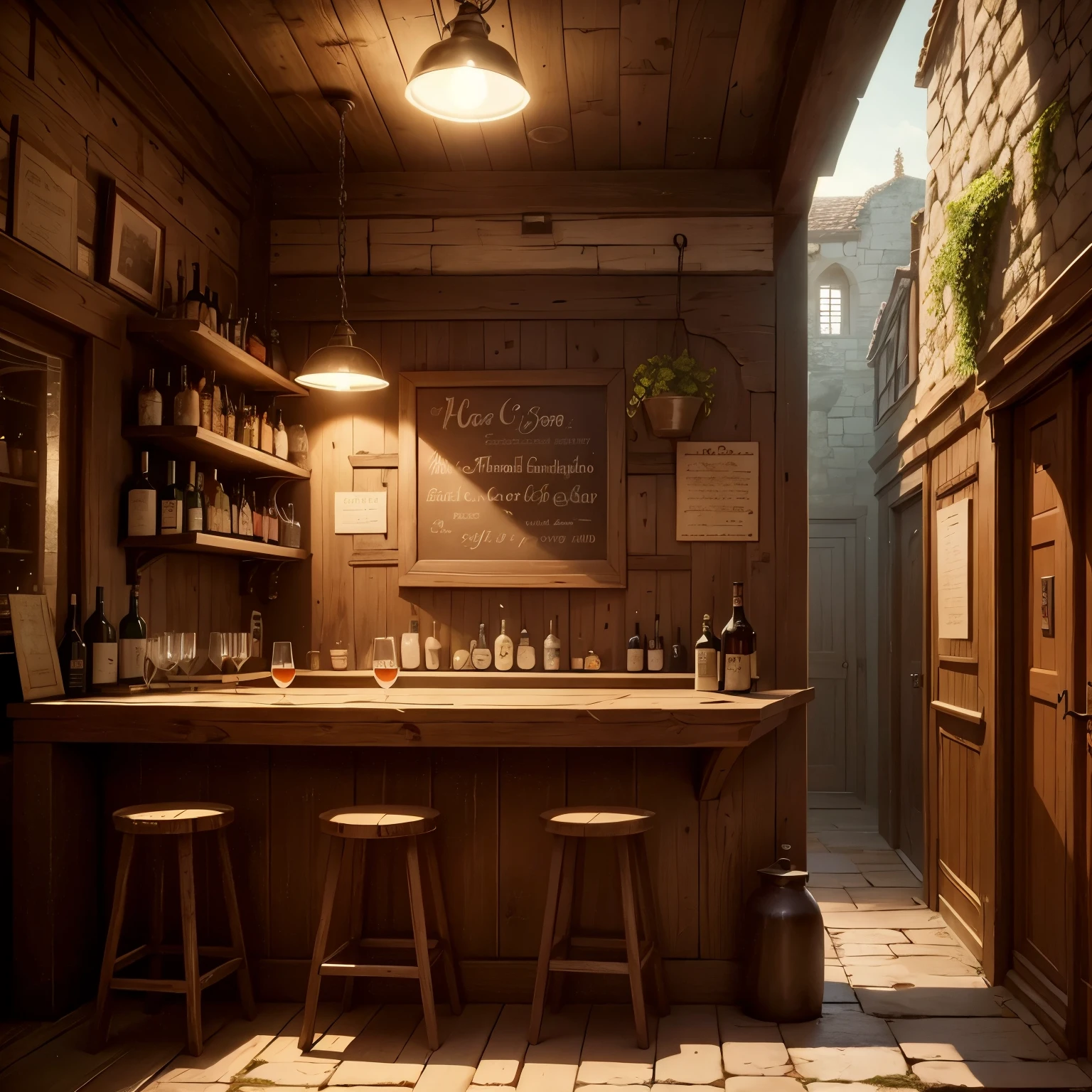 Masterpiece, realistic image of a rustic medieval bar. Genre Fantasy, Fiction. 