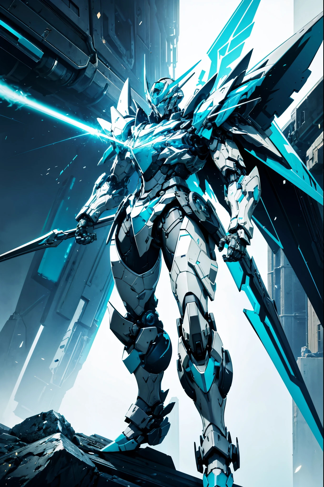 science fiction mecha knight,robot joints,cyan theme,(Medieval Armor:0.7),floating capelet,daylight,full armor,full body,outdoors,far shot,from above,vanishing point,fighting stance,energy flow,High-altitude overlooking,