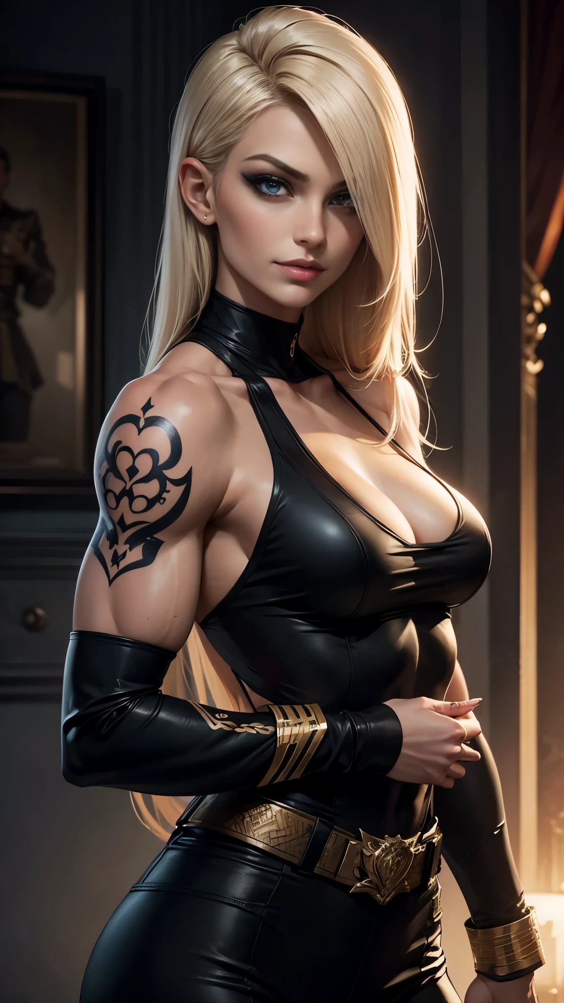 A gorgeous and stunning female soldier fighting on the battlefield, smirking sadistically, smiling sadistically, high rank, dominant, challenging demeanor, smug, teasing, tall, statuesque, imposing, towering, biceps, triceps, eight pack abs, extremely defined abs, tank top, wide shoulders, narrow hips, narrow waist, huge breasts, slim, slender, toned, long eyelashes, make up, perfect eyes, eyeliner, perfect lips, long fingers, delicate fingers, long nails, supermodel, tattoo on shoulder, (military uniform), tanned skin, official uniform, colonel, marshal, lieutenant, platinum blonde,