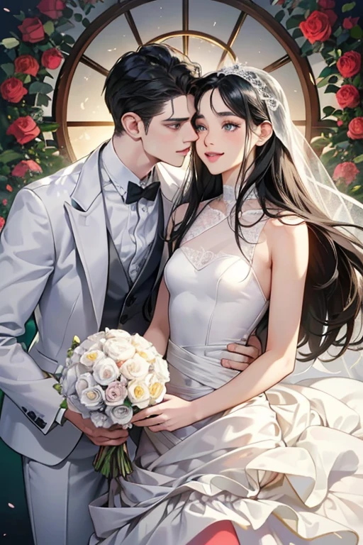 (table top, digital art, digital illustration, 4k, 8K, Super detailed, beautiful images, clear image, realistic, Raw photo, perfect face, perfect lines, perfect eyes, soft lighting) ,1 female, (long black hair,straight hair,bullish look,beautiful woman,grace,solid makeup,23 is a novel,small breasts:1.3),Two handsome men in suits, (human,muscular,solid shoulder width, mens,boyish hairstyle,british gentleman's style,A man in his 30s with a cool expression,28 year old man with a bright smile:1.2),Show your white teeth and smile(embarrassing,shy smile:1.1),coastal,beach,beachウェディング、innocent smile,smile、couple kissing、kiss、the kiss、romance、Mermaid Line wedding style Dresses、wedding style、bouquet of roses、wedding style