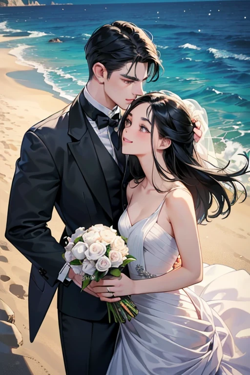 (table top, digital art, digital illustration, 4k, 8K, Super detailed, beautiful images, clear image, realistic, Raw photo, perfect face, perfect lines, perfect eyes, soft lighting) ,1 female, (long black hair,straight hair,bullish look,beautiful woman,grace,solid makeup,23 is a novel,small breasts:1.3),Two handsome men in suits, (human,muscular,solid shoulder width, mens,boyish hairstyle,british gentleman's style,A man in his 30s with a cool expression,28 year old man with a bright smile:1.2),Show your white teeth and smile(embarrassing,shy smile:1.1),coastal,beach,beachウェディング、innocent smile,smile、couple kissing、kiss、the kiss、romance、Mermaid Line wedding style Dresses、wedding style、bouquet of roses、wedding style