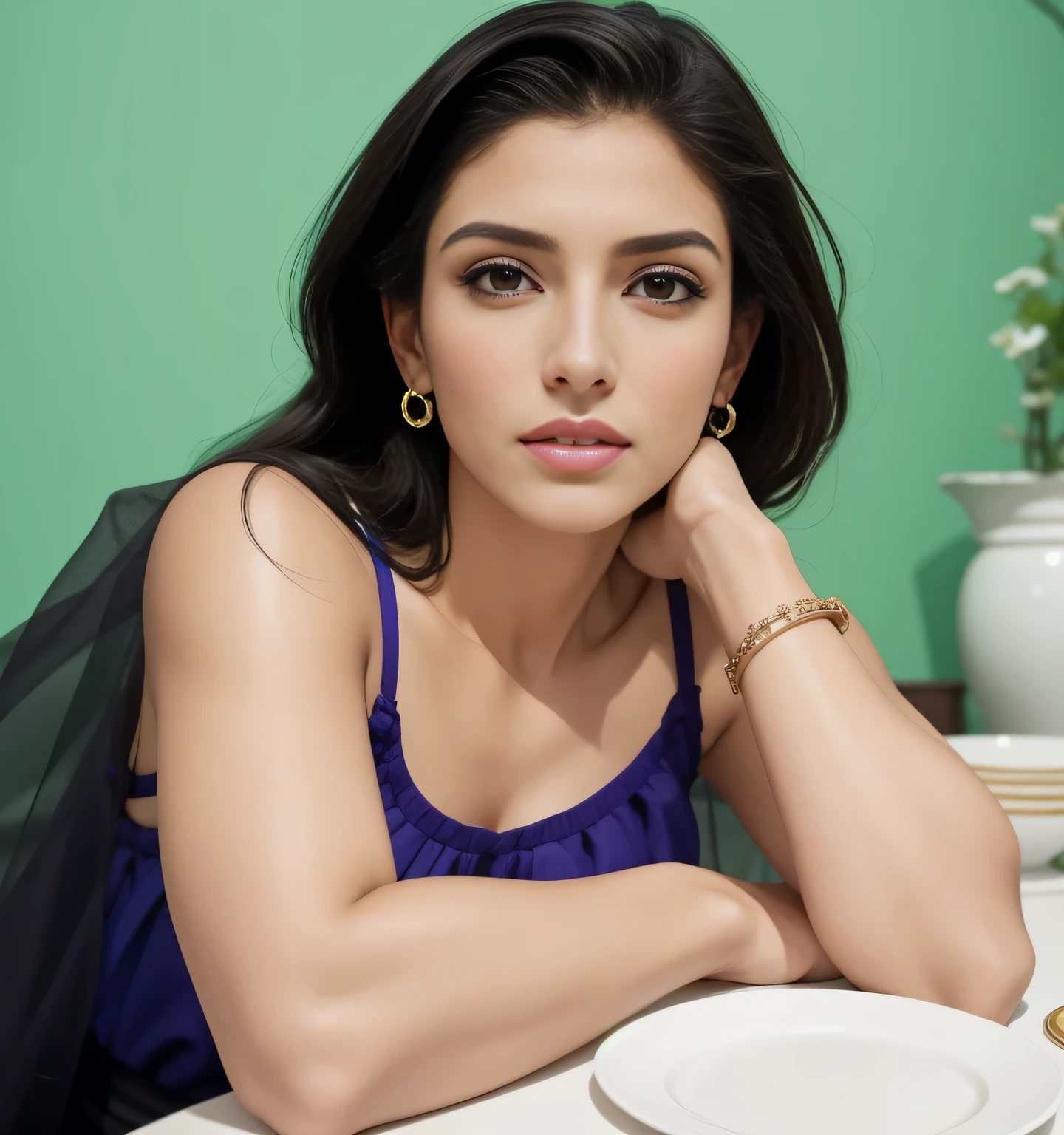 there is a woman sitting at a table with a plate of food, fernanda suarez, by Nándor Katona, malika favre, magda torres gurza, profile image, valentina remenar, by Almeida Júnior, by Amelia Peláez, lorena avarez, alanis guillen, pilar, modeling for dolce and gabbana, High quality, high resolution, 8k.