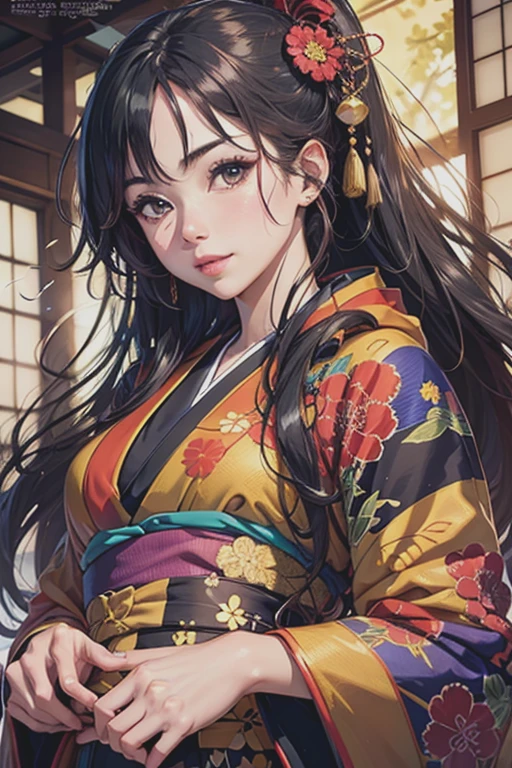 (masterpiece), highest quality, expressive eyes, Cartoon of beautiful Japanese woman with perfect face, MangaKawaiiAnime, beautiful japanese kimono, The kimono has dragon embroidery on it.. The color of the kimono is black and red, Japanese women&#39;s long hair, hair color black, hairstyle ponytail, single eyelid, hooded eye style、A sexy and deep set、Fascinating and enigmatic, facial expression smile, situation beautiful images.