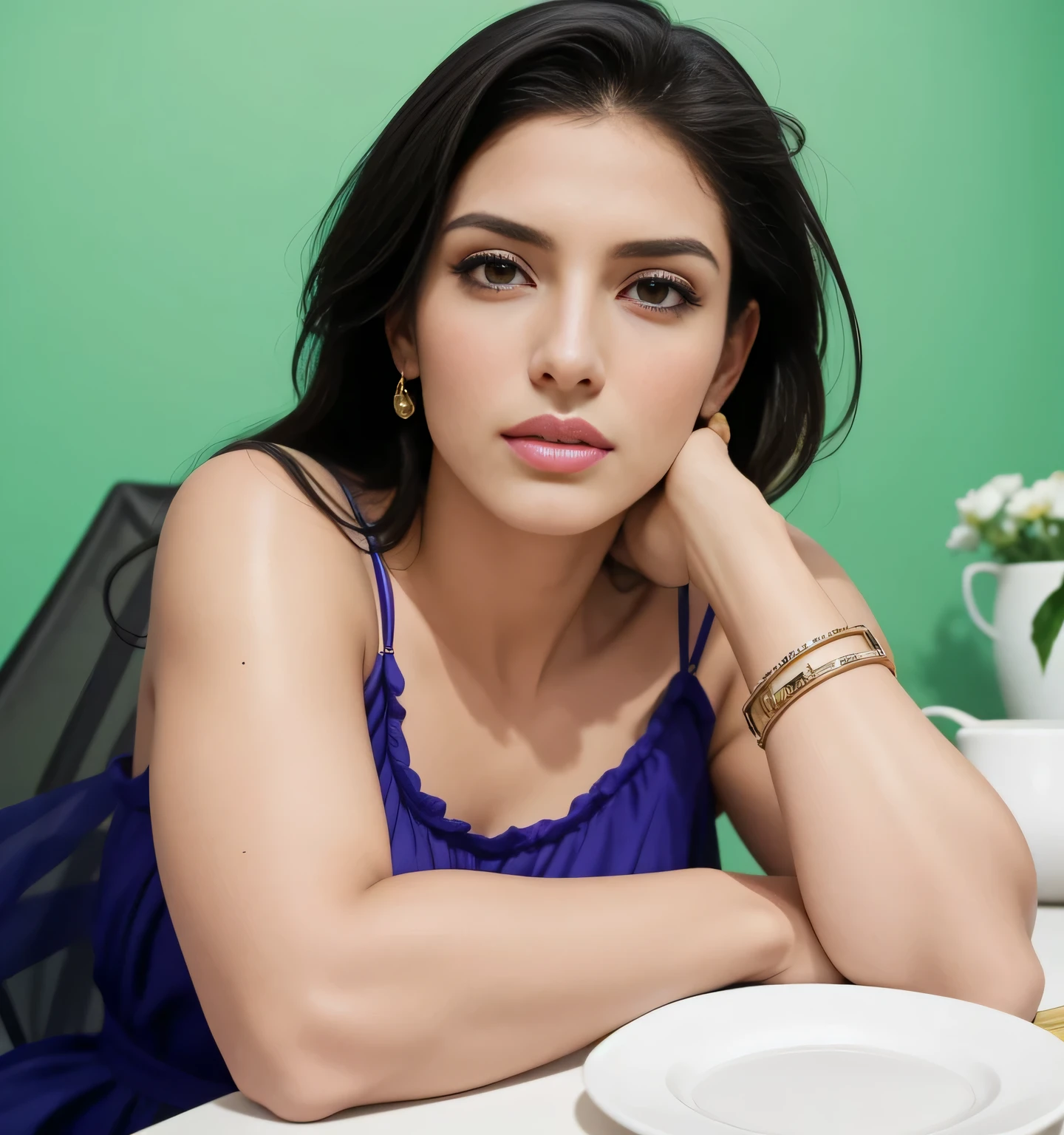 there is a woman sitting at a table with a plate of food, fernanda suarez, by Nándor Katona, malika favre, magda torres gurza, profile image, valentina remenar, by Almeida Júnior, by Amelia Peláez, lorena avarez, alanis guillen, pilar, modeling for dolce and gabbana, High quality, high resolution, 8k.