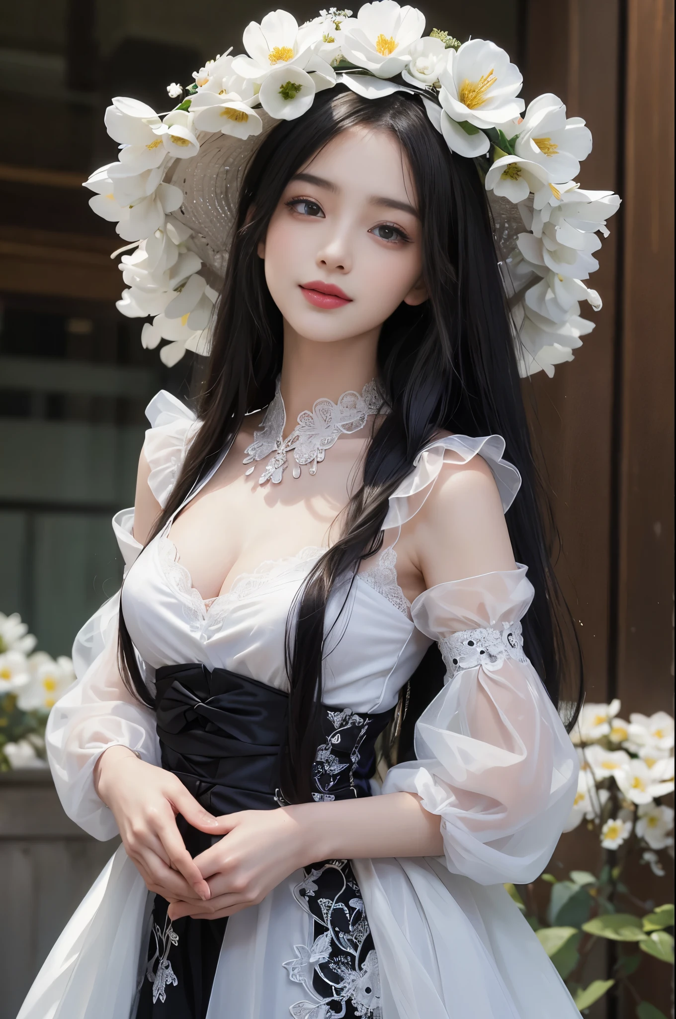 best quality、tmasterpiece、ultra high resolution、actual、1 girl、Glossy skin、((Surreal detailed))、Global photo、8K、Highly complex details、shinning eyes、Black straight hair、highkey、pureerosfaceace_v1、A smile、Elegant pose、plump breasts、White ultra-thin transparent lace、Lots of flowers in the background