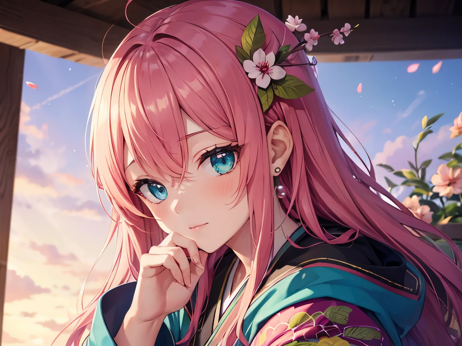 pink hair, bangs, long hair, hair over eyes, kanzashi, aqua eyes, pensive, anime style, UHD, masterpiece, textured skin, highres, best quality, Fictional ancient Chinese princess, fantasy anime, pearl earrings, cute girl, embroidered kimono, solo, 1girl, 15  years old