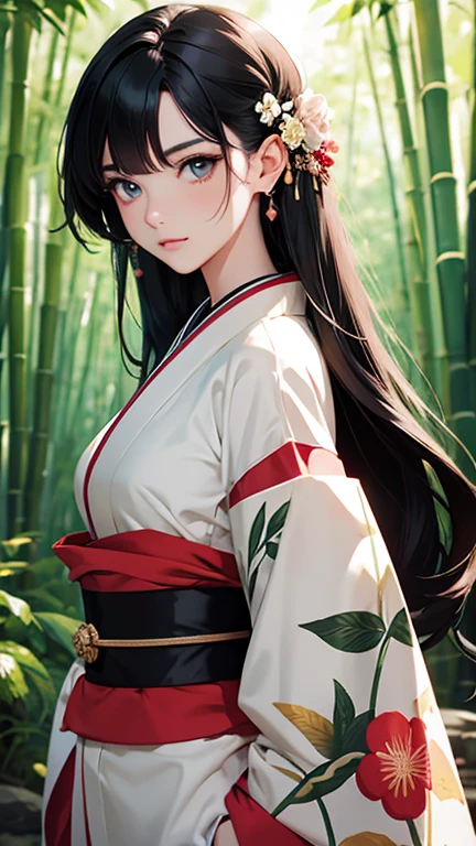 ((masterpiece)), surreal, Portrait of a beautiful fair-skinned anime woman (floral kimono), light makeup, bright eyes, glossy black hair, intricate hair ornament, (small breasts), In the bamboo forest