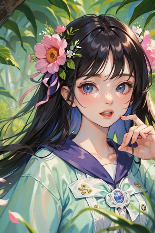 (((masterpiece))), (((highest quality))), ((Super detailed)), (figure), flower, ((very delicate and beautiful)), ((beautiful detailed sky)) ,gaping face, close to the viewer,mature face, ((exposed exposed)) ,((Wind)), forest,dungeon background, Splattering droplets, ((飛んでいるflowerびら)), Wind,