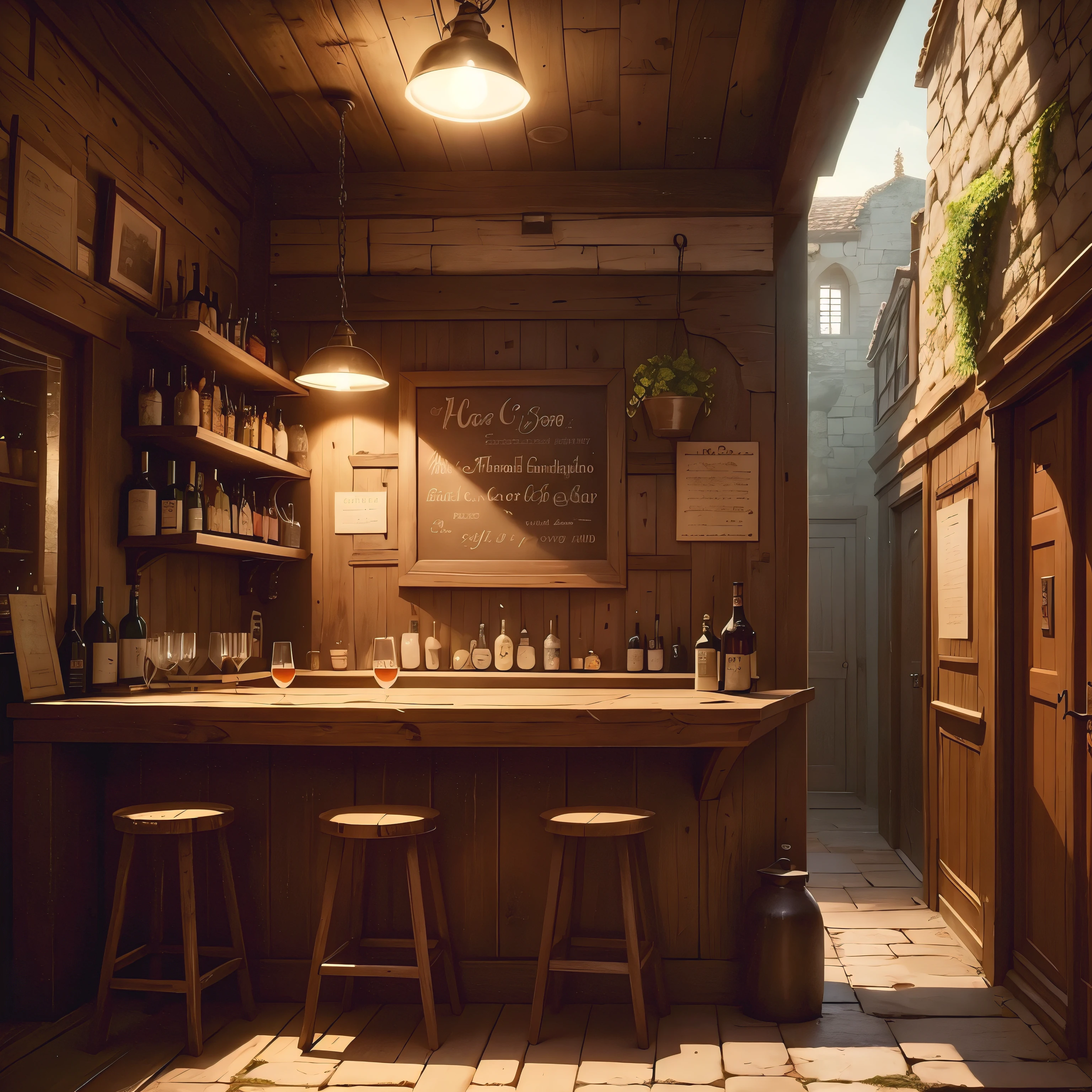 Masterpiece, realistic image of a rustic medieval bar. Genre Fantasy, Fiction. 
