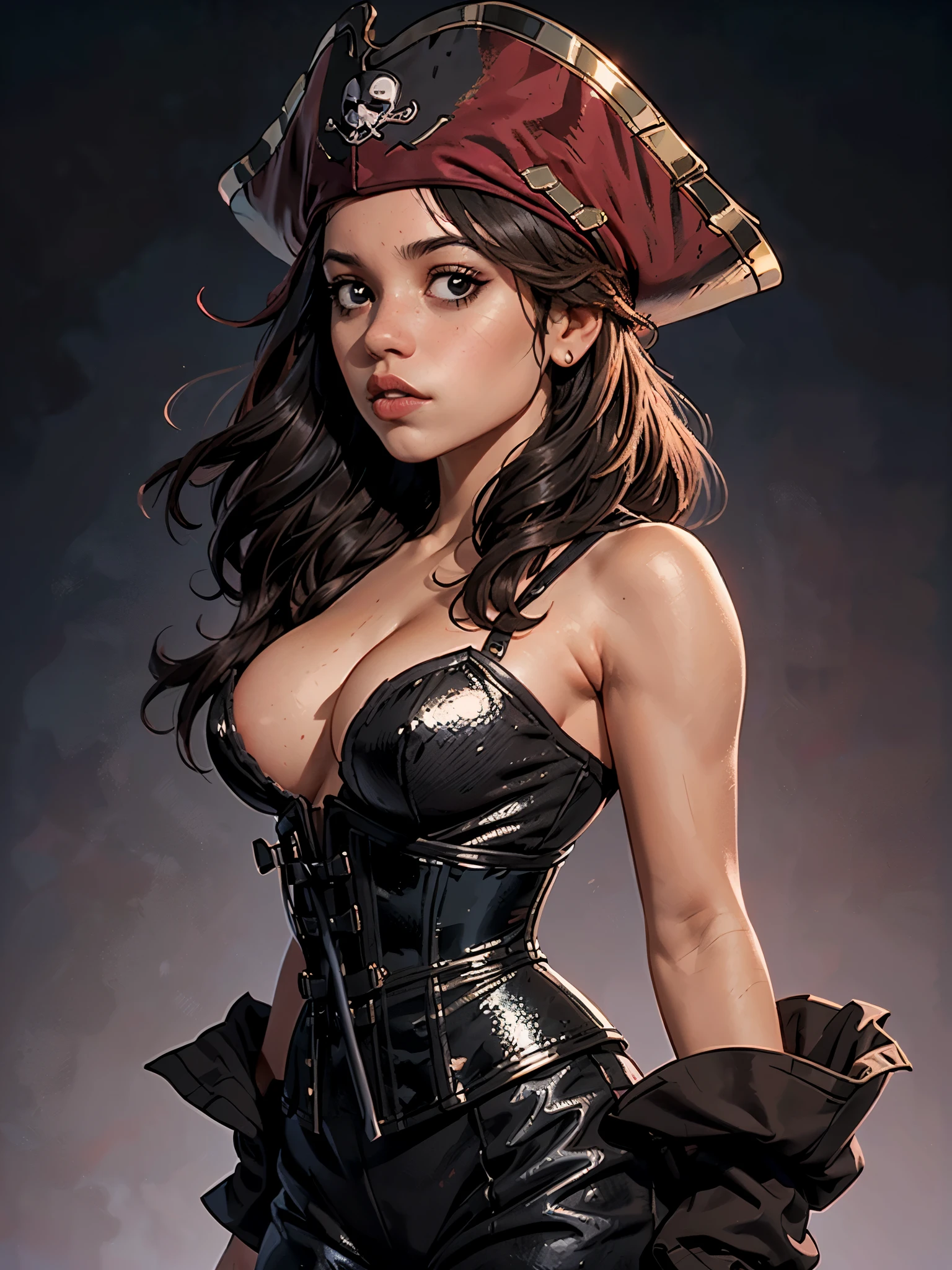 one girl, solo, (bust, upper body, front view:1.2), black eyes, jenna ortega, captain jack sparrow, pirate, pirate hat, pirate outfit, corset, (small breasts, tiny breasts, cleavage:1.2), (masterpiece, highly detailed, look at viewer, shiny blured grey background, gradient sprayed background, blured background:1.2)