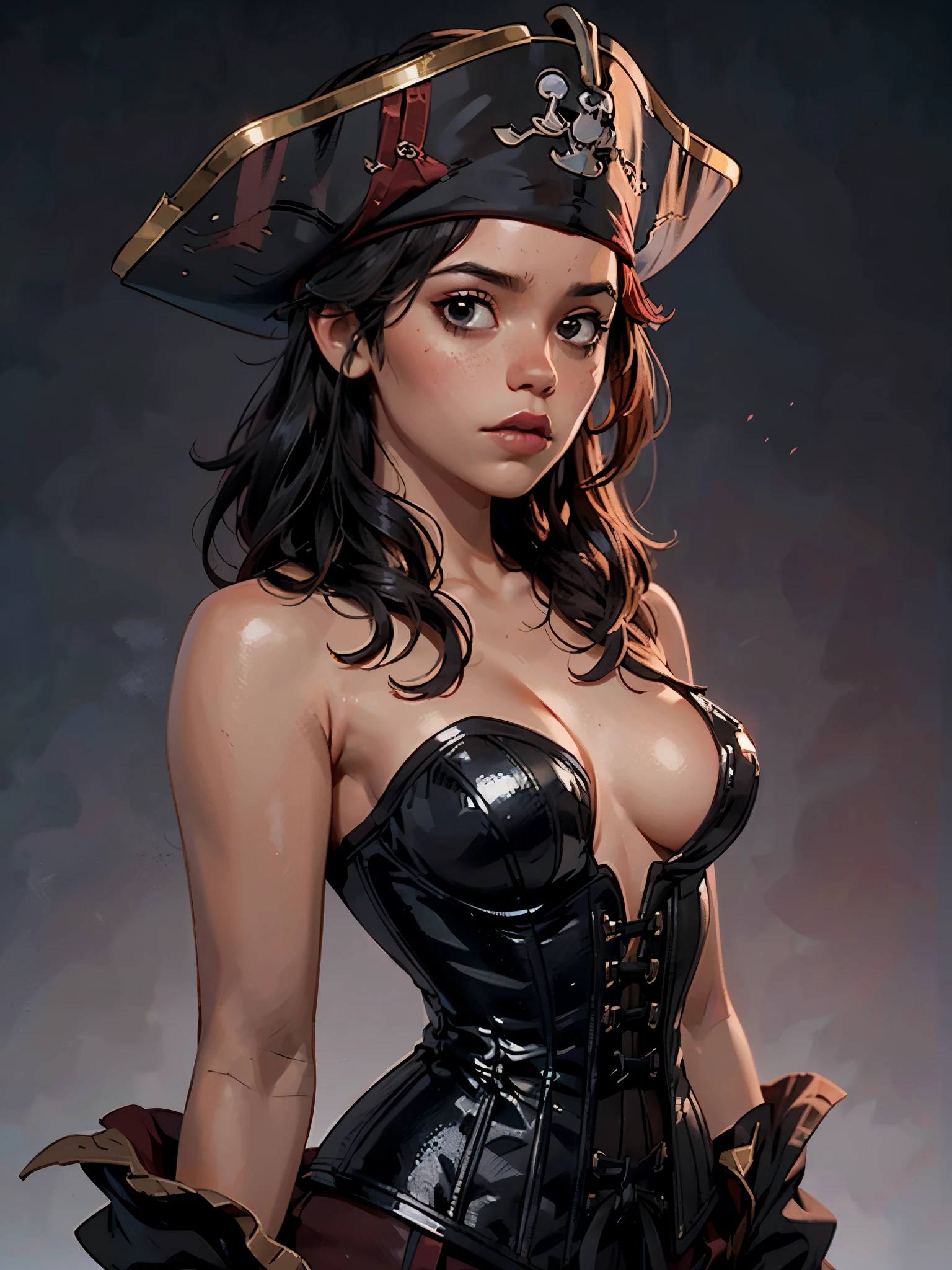 one girl, solo, (bust, upper body, front view:1.2), black eyes, jenna ortega, captain jack sparrow, pirate, pirate hat, pirate outfit, corset, (small breasts, tiny breasts, cleavage:1.2), (masterpiece, highly detailed, look at viewer, shiny blured grey background, gradient sprayed background, blured background:1.2)