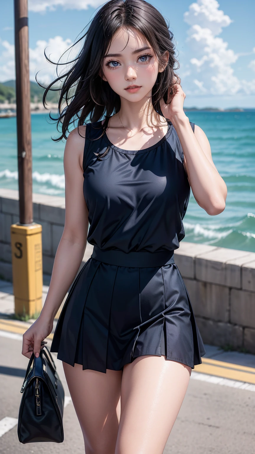 ((最high quality, 8K, masterpiece: 1.3, Ultra HD, high quality, 最high quality, High resolution, realism)) 、An extremely beautiful 18-year-old Japanese woman、hair color is black、black eye、medium hair、straight hair、smile、Slender but well-proportioned muscular body、Athlete-like body type、I don't want my head to disappear from the screen.、Walk on a high seawall at the beach、I put my hand on my forehead and look at the sea、The blue sky is beautiful、There is an entrance cloud、It's summer、sailor suit((summer clothes))wear、Wear a navy blue pleated skirt、wear loafers、There is a road in front of the breakwater、There is a bus stop