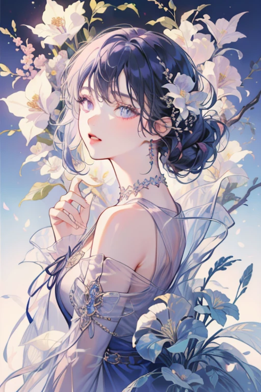 (highest quality, 4k, High resolution, master piece:1.2), Elegant and dynamic portrait,amazingly beautiful girl,Her blue hair was tied up elegantly., decorate with jewelry, diamond necklace, (wearing a big cloak), clear purple eyes, (Hair decorated with delicate flower arrangements, crystal jewelry string), super detailed.