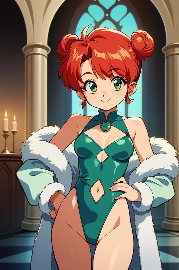 score_9, score_8_up, score_8, source_anime, retro anime style, 1girl, intricate high detailed body, _face, red hair, short hair, messy twin bun, green eyes, slender, medium breasts, neckwear, highleg leotard, navel cutout, fur coat, jewelry, accessories, happy smile, contrapposto, hand on hip, cowboy shot, indoors, castle