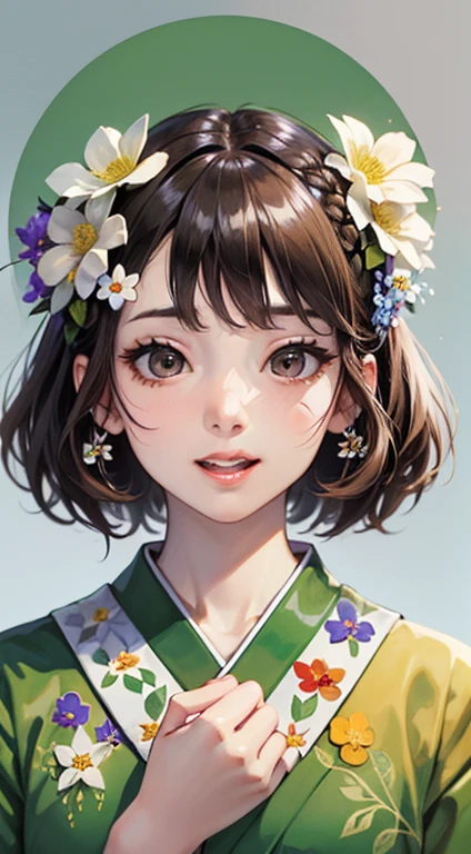 (masterpiece, highest quality, Very detailed CG, intricate details:1.2),beautiful and aesthetic,animation,1 girl,alone,(flower:2),closed my eyes,smile,open your mouth,white background,blush,kimono,simple background,kimono,Face-to-face audience,Upper body,bangs,flower柄,brown hair,white flower,(hair flower:2.2),(hair ornaments:1.3),:d,bun hair,Happy,black hair,^_^,pink flower,orange flower,single bun hair,holding,portrait,leaf,daisy,short hair,red flower,teeth,watercolor \(Moderate\),