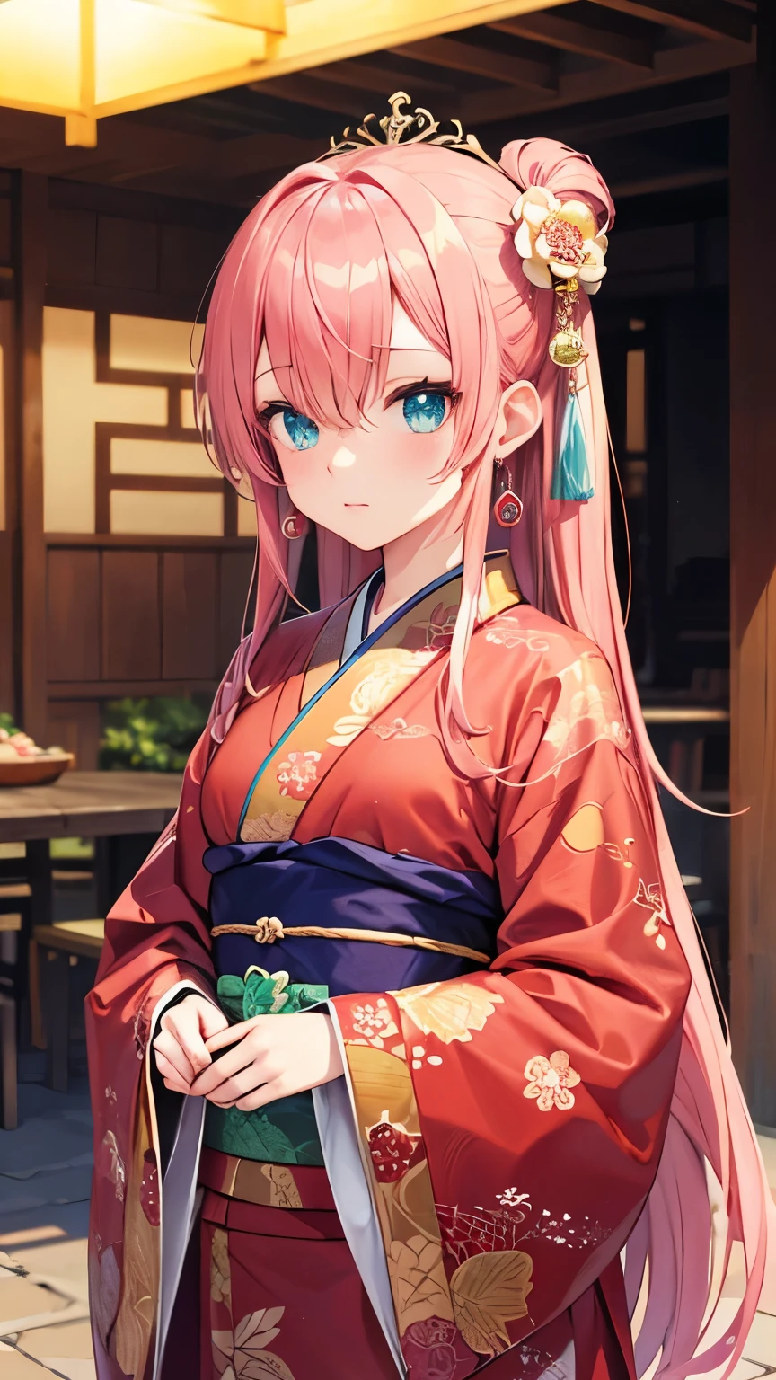 pink hair, bangs, long hair, hair over eyes, kanzashi, aqua eyes, pensive, anime style, UHD, masterpiece, textured skin, highres, best quality, Fictional ancient Chinese princess, fantasy anime, pearl earrings, cute girl, embroidered kimono