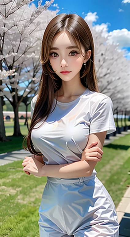 masterpiece, High resolution, highest quality, 1 girl, alone, chest, view viewer, clavicle, 大きなchest, medium breasts, official style, garden, Cherry Blossom, clothing