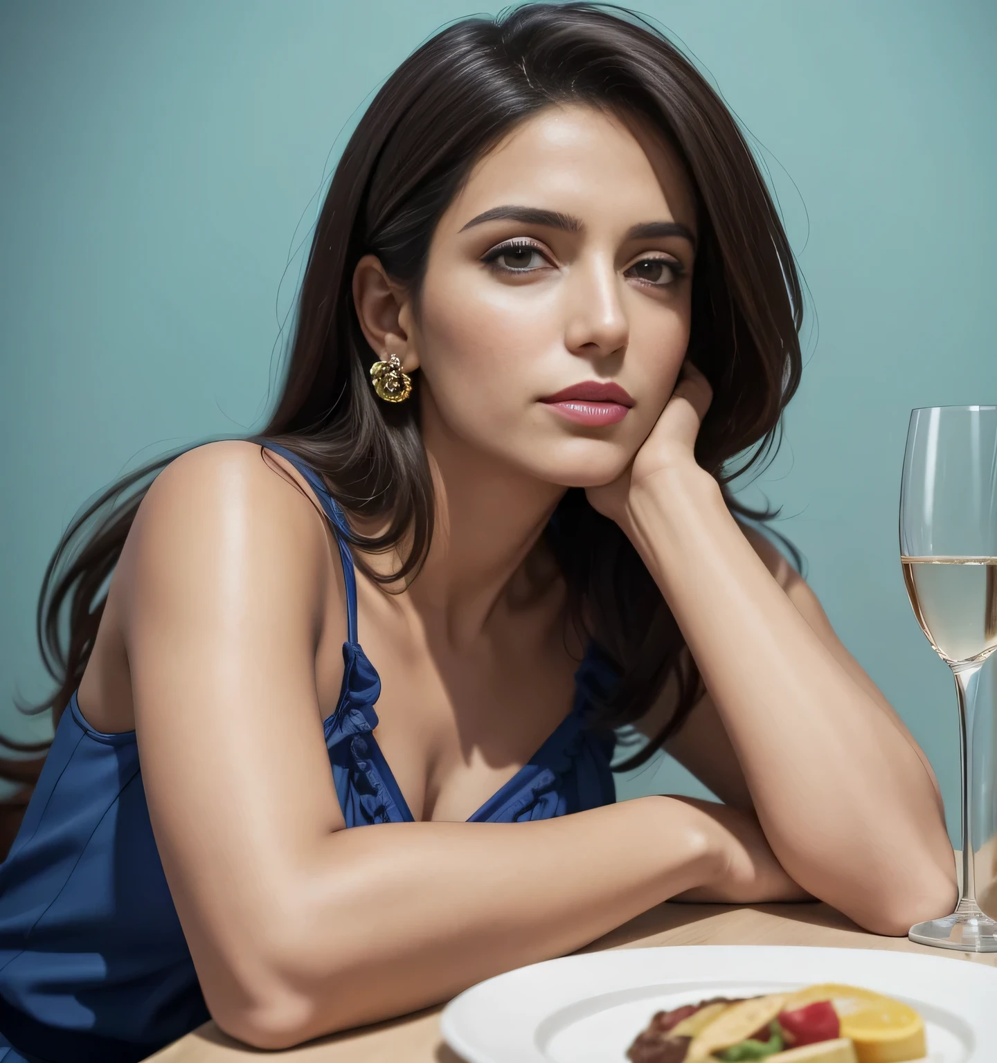 there is a woman sitting at a table with a plate of food, blue blouse. fernanda suarez, by Nándor Katona, malika favre, magda torres gurza, profile image, valentina remenar, by Almeida Júnior, by Amelia Peláez, lorena avarez, alanis guillen, pilar, modeling for dolce and gabbana, High quality, high resolution, 8k.