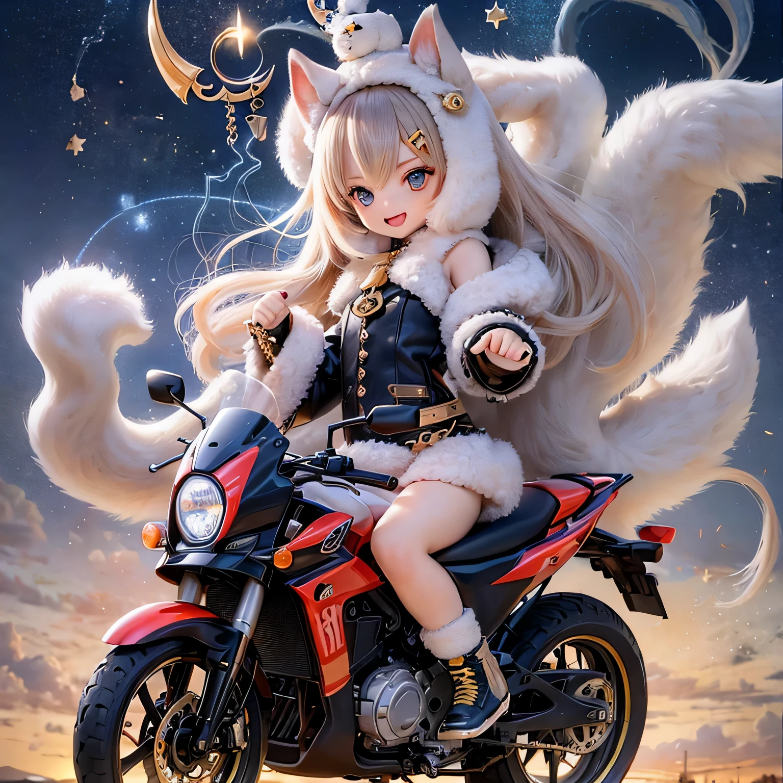 (best quality,highres:1.2),shiba inu girls,adorable chibi style,vibrant colors,fantasy landscape,riding on a motorcycle,magical surroundings,sparkling stars,wind blowing their hair,joyful expressions,wonderful adventures,playful atmosphere,beautiful sunset,amazing sense of freedom,crystal clear details,traditional ink painting style,soft and gentle lighting,whimsical charm,nostalgic vibes,expressive eyes and fur,lovely outfits,fast-paced motion,exciting city backdrop,playful interaction,curved roads and winding paths,smiles and laughter,childlike wonder,fired up with exhilaration,artistic strokes and textures,fluffy tails,fast and agile maneuvers,dimensions of imagination,genuine friendship and camaraderie,unique and dynamic poses,twinkling lights,exhilarating ride.