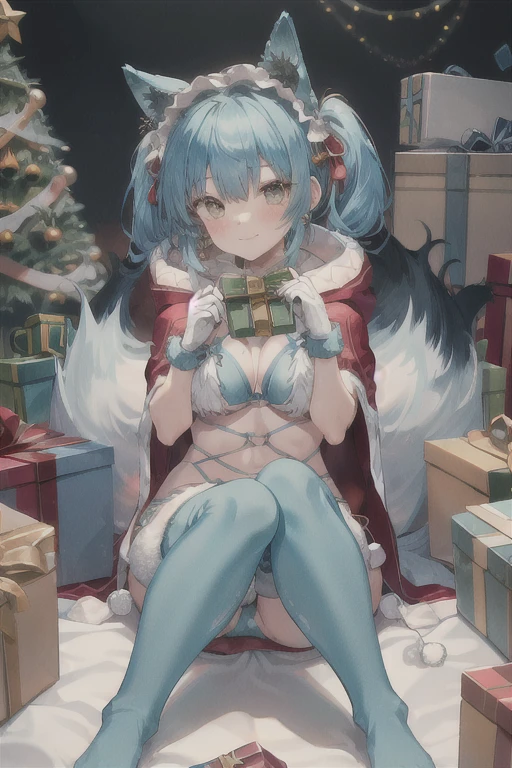 outfit-Christmas detective, red cloak, 1 girl, animal ears,blue hair, alone, tail,messy hair,twintails,spread_foot, Christmas tree, gift,blue legwear,Christmas, blush, fake animal ears, gift box, earrings, smile, sitting, box, bangs