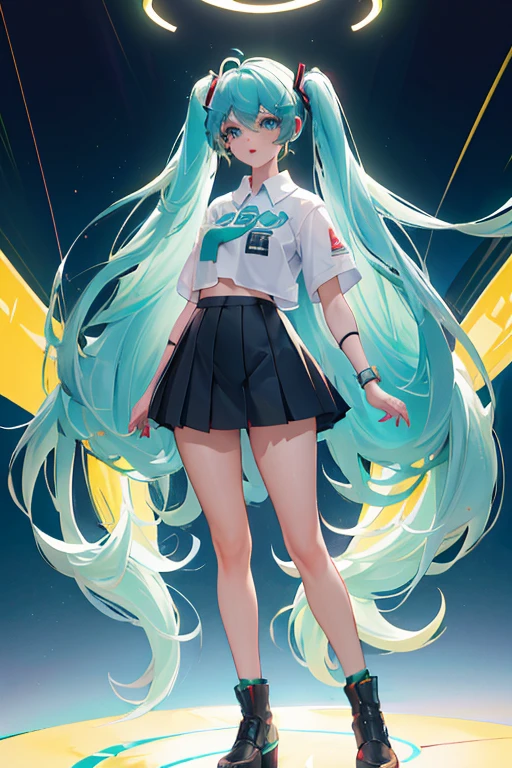 (Seios grandes Hatsune Miku,electronic singer,cabelo verde,Ombros nus,uma saia preta,mangas pretas,(Blusa de cor branca),Roupas brancas,8k,A high resolution,olhos verdes,fundo do concerto,No local do concerto,em concerto,Only beautiful thighs are exposed,the clothes are white,appear on the arm appear un 01,The number is 01,fundo brilhantes ,Leaves', cabelo de alta qualidade 8k ,The eyes of the anime heroine,Olhos de detalhes ultraelevados,olhos de alta qualidade , Olhos de alto detalhe , in bra full body standing looking at public spectator., with short underwear nsfw