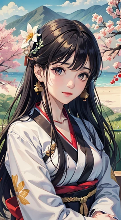 surreal, realistic, (((masterpiece))),(((highest quality))),((ultra-be familiar with)), ((figure)),High resolution, [Depth of the bounds written],
1 girl,Hanfu Girl, mature woman, alone, be familiar with (beautiful face) and (be familiar with eyes) and closed his mouth, medium breasts, thighs, branch angle,
andても長い髪, floating hair, bangs,
be familiar with (Colorful Hanfu),earrings,
(cloud sky), Mountain, river, flowers, Grass,(Wind), garden, sunbathing,