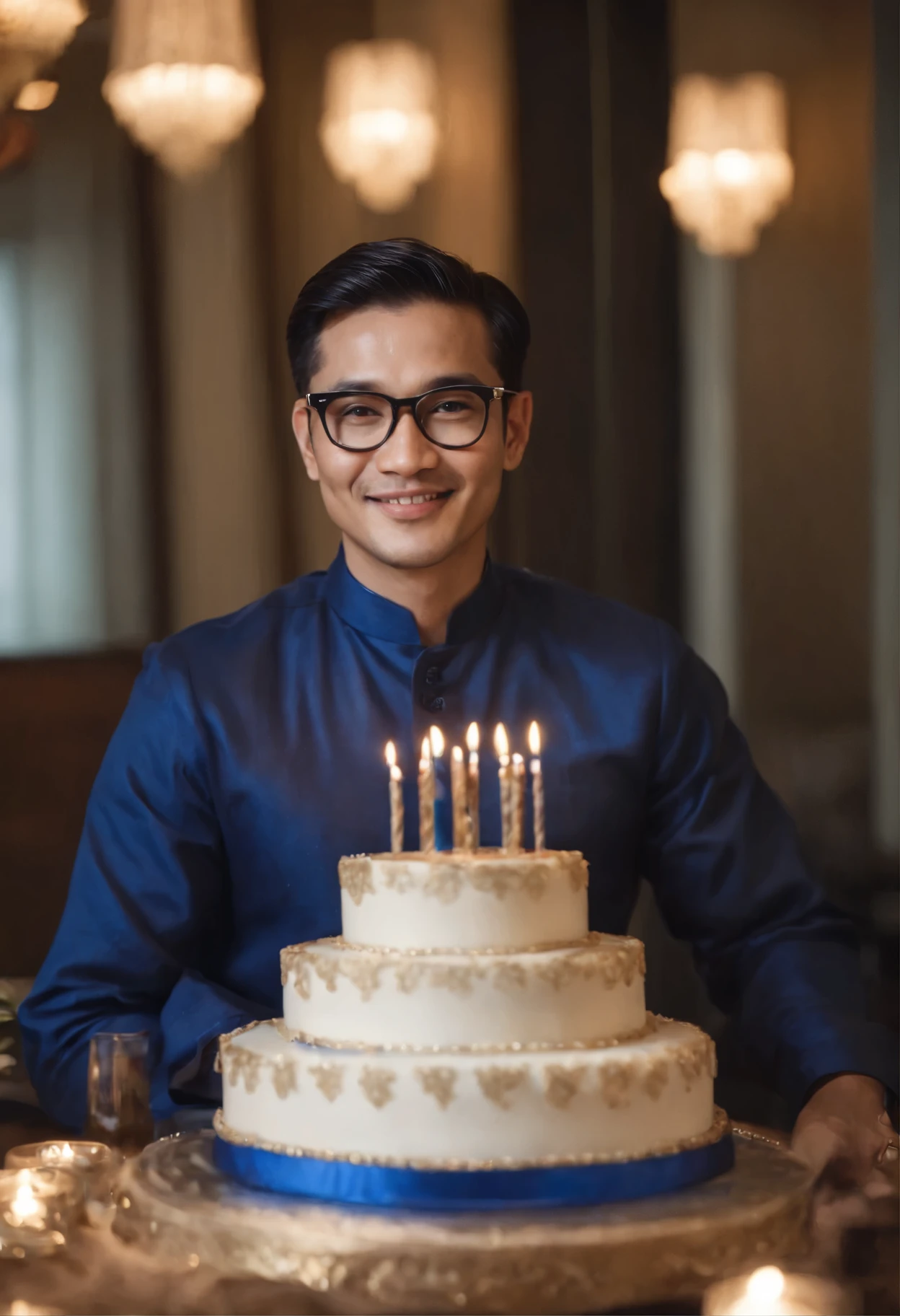 40 years old handsome man, wearing glasses, smile, elegant, wearing a malay traditional clothes in royal blue colour, celebrating his birthday, by siting behind a round birthday cake with wordings in front of the cake "Selamat Ulang Tahun Sahabat Kami Haji Sani", surrounded luxury decoration.