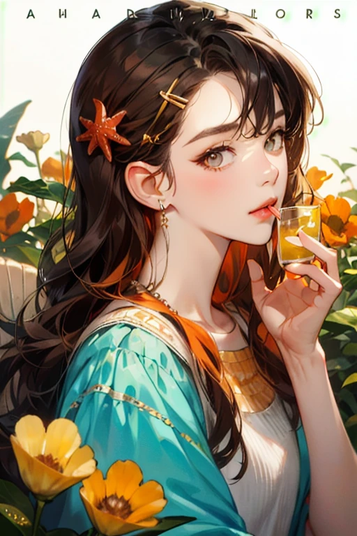 disorganized, High resolution, super detailed, 1 girl, alone, very fine eyes, starfish, seashell, shell, flower, have, hair ornaments, jewelry, straw have, looking at the viewer, sunglasses, have flower, straw, hair clip, earrings, red flower, tinted glasses, yellow flower, bangs, english text, colorful hair, orange flower, black hair, ring, cup, long hair, orange-tinted glasses, food, brown hair, portrait, shell hair ornaments
