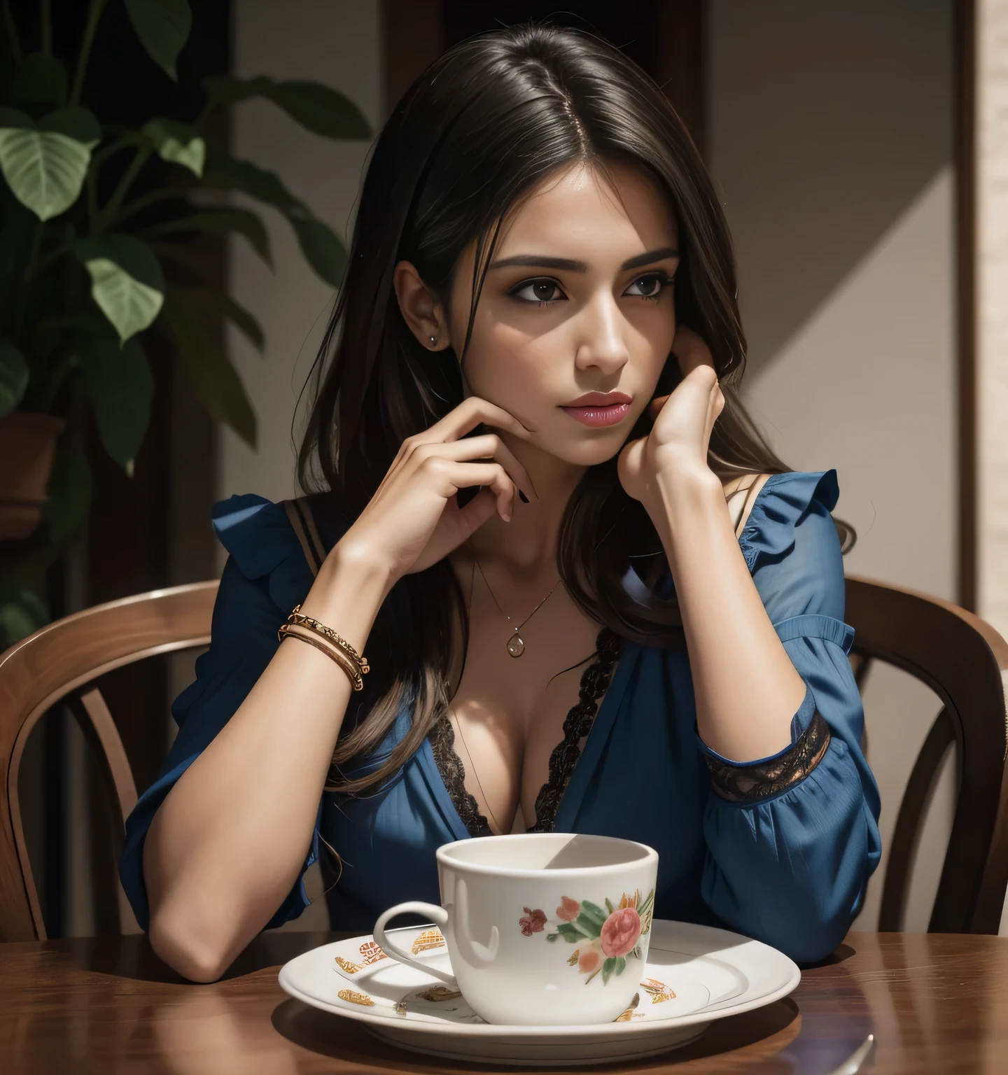 there is a woman sitting at a table with a plate of food, blue blouse. fernanda suarez, by Nándor Katona, malika favre, magda torres gurza, profile image, valentina remenar, by Almeida Júnior, by Amelia Peláez, lorena avarez, alanis guillen, pilar, modeling for dolce and gabbana, High quality, high resolution, 8k.
