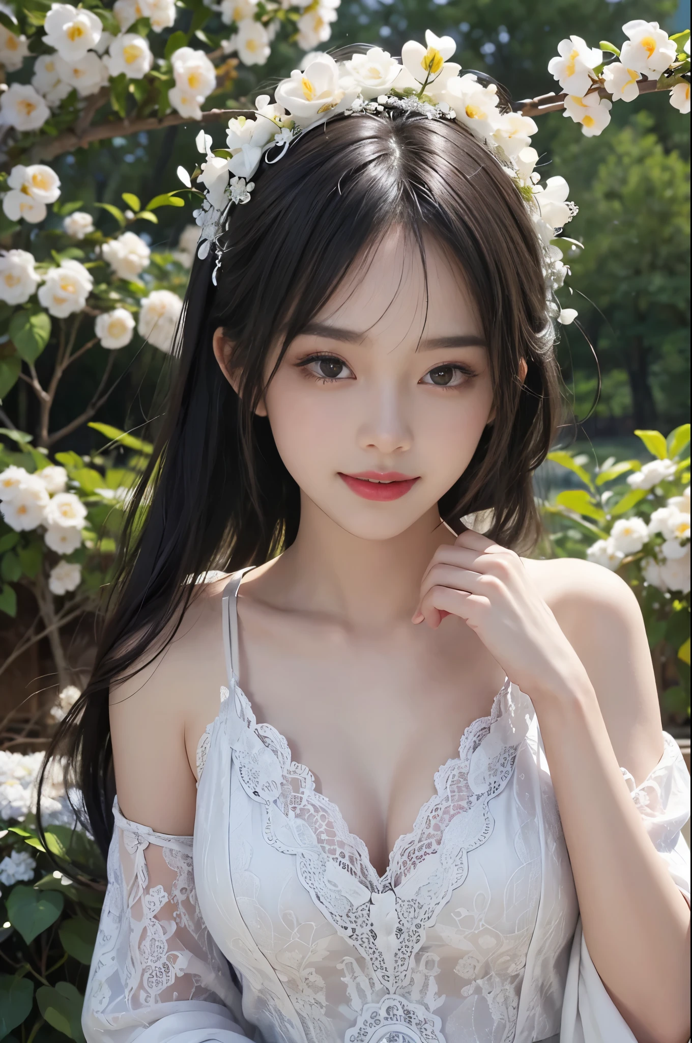 best quality、tmasterpiece、ultra high resolution、actual、1 girl、Glossy skin、((Surreal detailed))、Global photo、8K、Highly complex details、shinning eyes、Black straight hair、highkey、pureerosfaceace_v1、A smile、Elegant pose、plump breasts、White ultra-thin transparent lace、Lots of flowers in the background