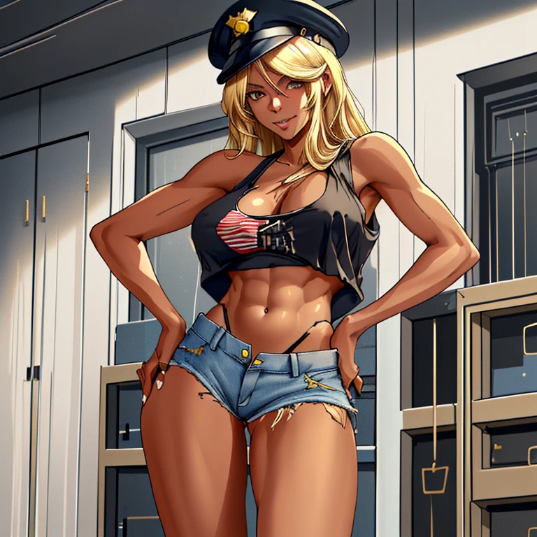 1 woman, American gal, beautiful blonde, long hair, tall, ecstatic face, black police hat, white tank top, belly button visible, ripped denim shorts, crotch emphasis, sexy pose, nice body, only one person in the room 