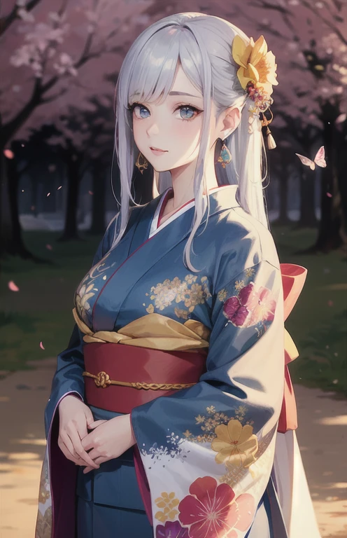 shukezouma, octane rendering, HDR, (very detailed:1.15), (soft light, sharp:1.2), 1 girl, beautiful girl, very detailed目, mature, Plump, thick, rainbow painting drops,splat, splash, long colored hair, Kimono with super detailed texture, (hair ornaments, earrings, flowers hair ornaments, butterflies hair ornaments), outdoor, Cherry tree