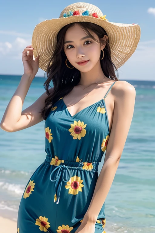 seaside,one piece,fabric sunflower pattern,hat