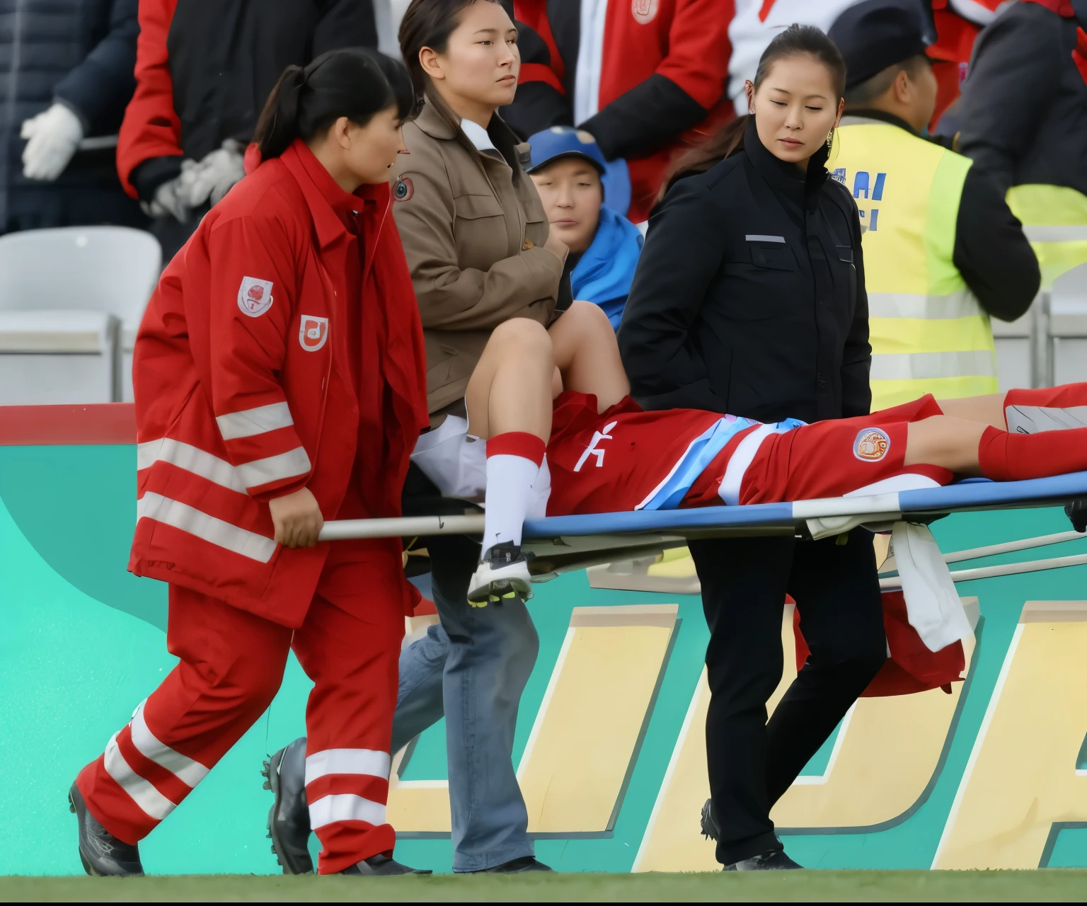 asian woman in shiny down coat, injured athlete in pain on a stretcher, woman is carrying a stretcher