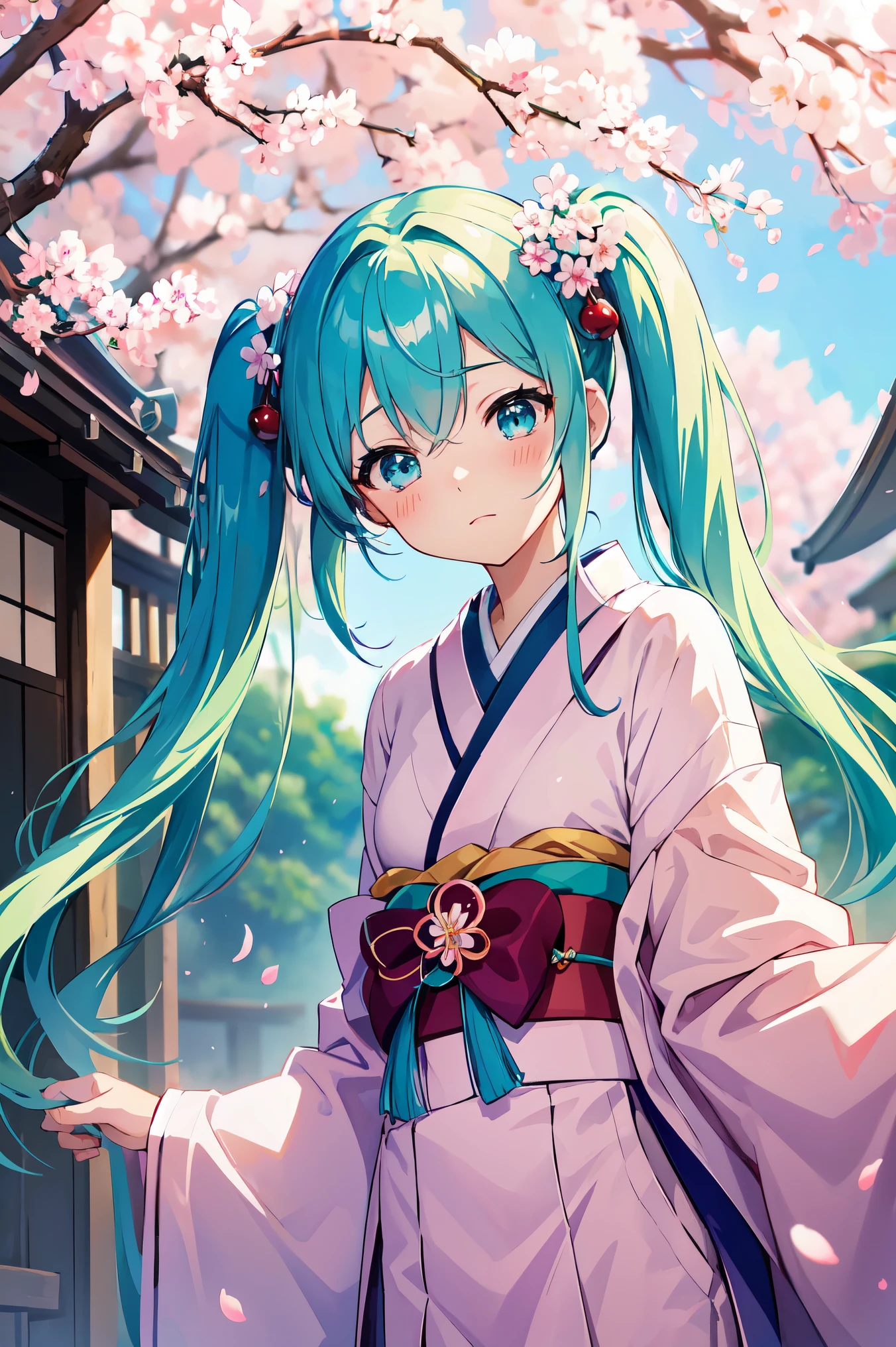 masterpiece、best image quality、超A high resolution、miku hatsune、blue hair、twin tails、blush、Cute and shy、kimono、Kyoto、Japan、daytime、cherry blossoms、cherry blossomsの花びらが舞う、a shower of cherry blossoms、spring