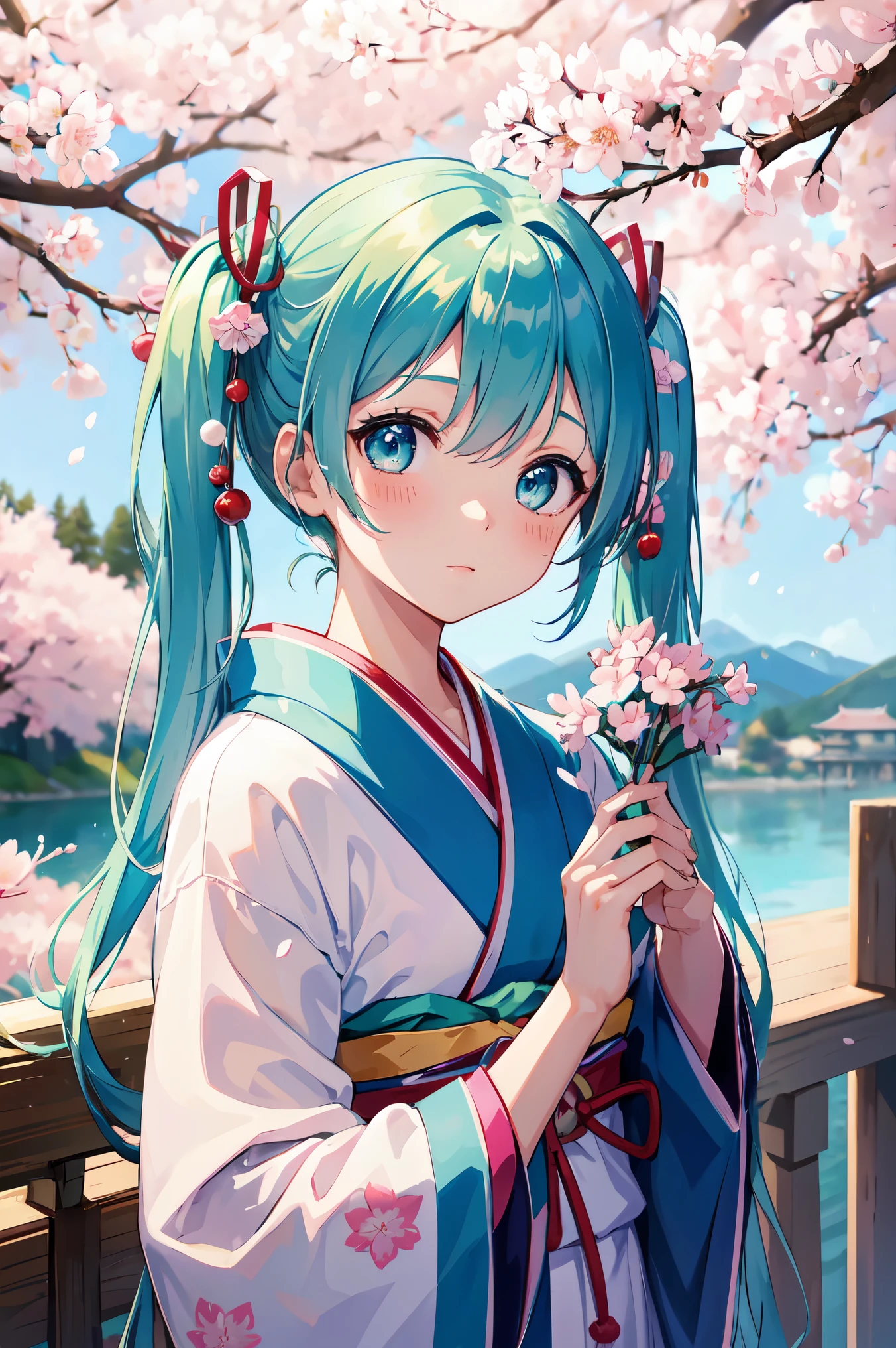 masterpiece、best image quality、超A high resolution、miku hatsune、blue hair、twin tails、blush、Cute and shy、kimono、Kyoto、Japan、daytime、cherry blossoms、cherry blossomsの花びらが舞う、a shower of cherry blossoms、spring