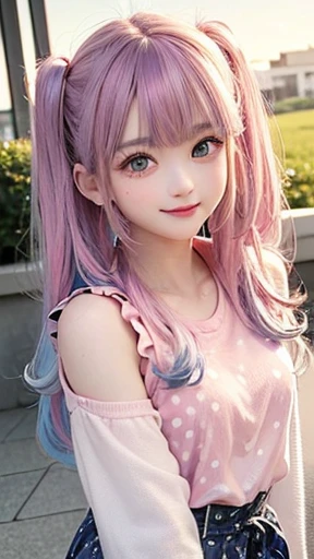 The arrival of autumn、small face、 (alone:1.5,)Super detailed,明るいcolor, very beautiful detailed anime face and eyes, look straight,  shiny_skin,girl, (((虹colorの髪, colorful hair, Half blue、half pink hair: 1.2))), 、shiny hair, delicate beautiful face, blush、Glasses、(turquoise eyes), , Valletta, earrings,、sunset、forest road、((Polka dot summer clothes、checked mini skirt,)))、（twin tails）、smile、happy face、face dyed red、color々pose、Full body portrait from head to toe、（I can see the whole body）