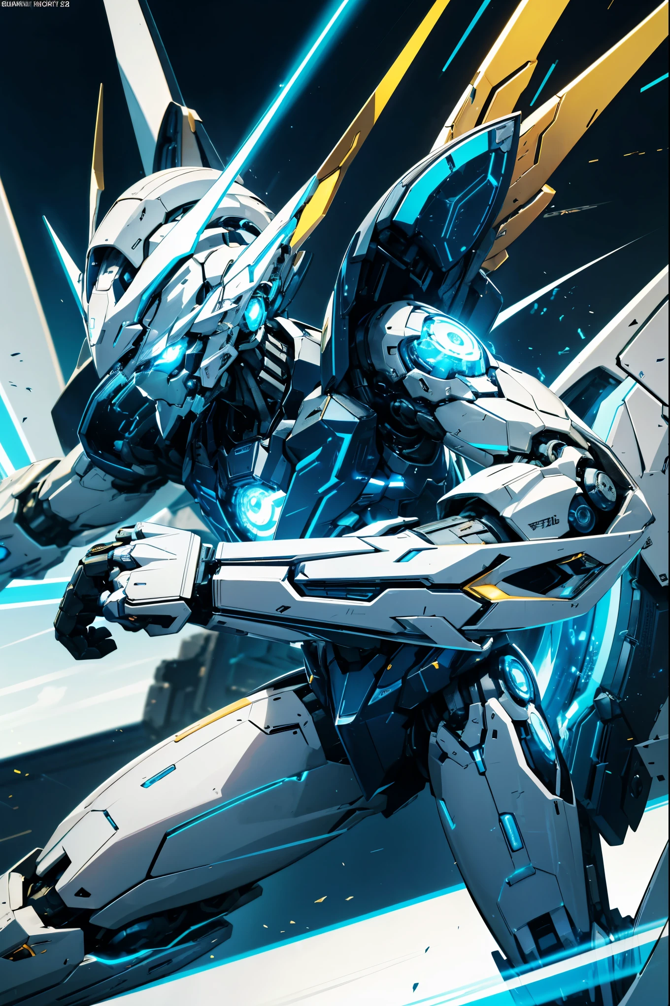 science fiction, robot, mecha, robot joints, white, daylight, full body, outdoors, fighting stance, cyan details on body, golden details on body, cybernetic body, blue glowing eyes, two curved blades on each side of the head, blue electric energy on background