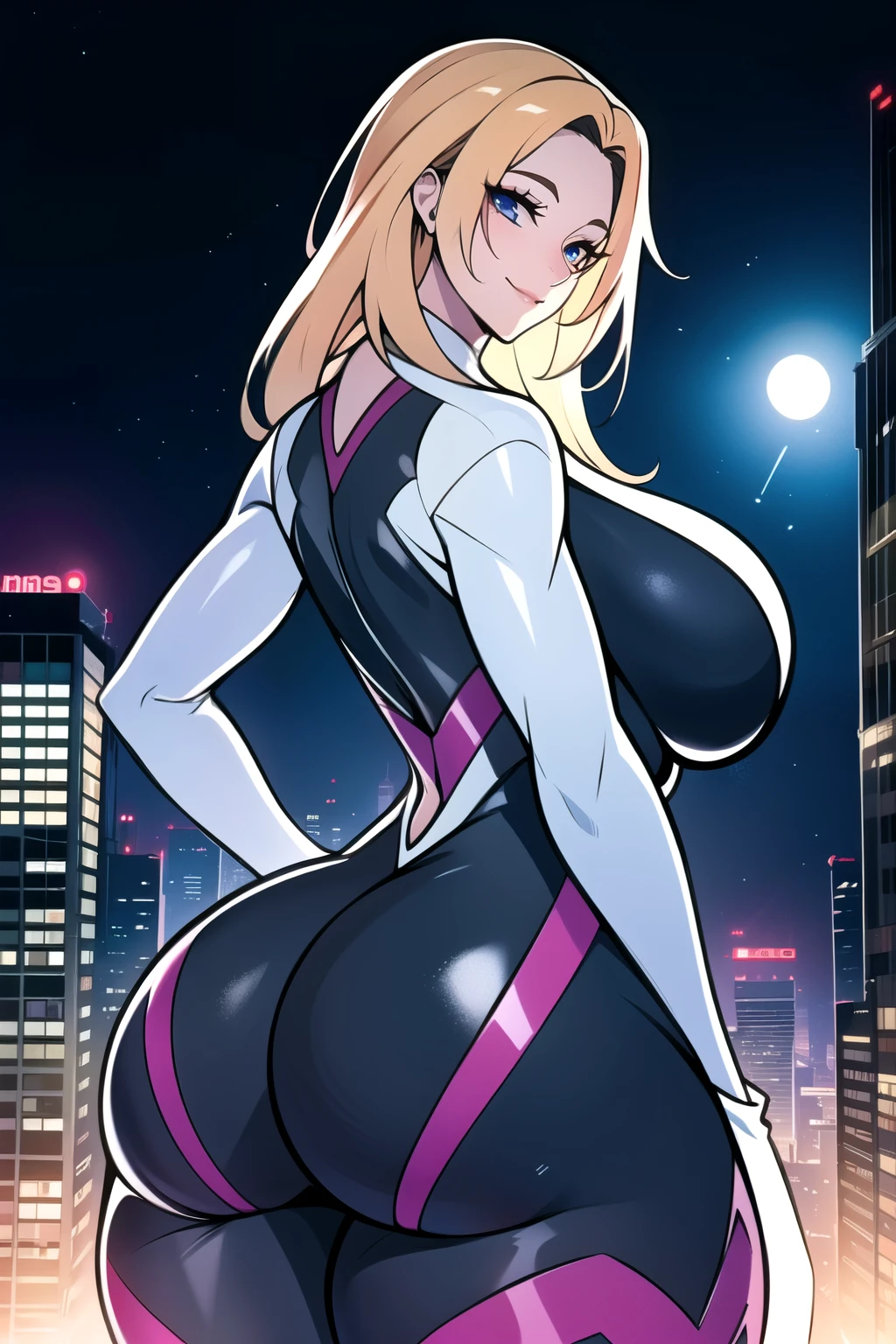 ultra realistic 8k cg, masterpiece, ((ultra detailed background, intricate detail, highly detailed, fine details best quality, hyperdetailed face)), gigantic breasts ,beautiful lighting, absurdres, BoaHancockV2, 1girl, solo, blonde hair, long hair, jewelry, closed mouth, ), (Spider-gwen costume, curvy, shiny clothes), blue eyes, complex detailed background, outside, standing on top of buildings at night), ((cowboy shot)), curvy, (gigantic breasts: 1.1), seductive smile, cowboy shot, curvy ass, big butt, bubble butt,