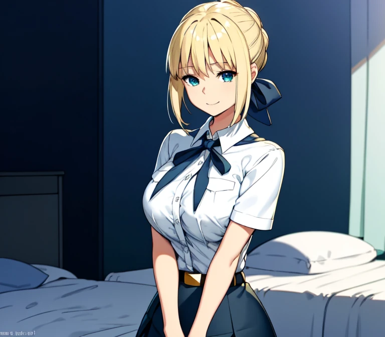 one very young slim fit girl, full height, rounded face, big blue eyes, shy smile, perfect huge breasts, pioneer neckerchief, micro tight blue pleated skirt, bangs, tight white shirt, short sleeves, collared shirt, belt, red neckerchief, breast pocket, braid, hair ribbon, blue ribbon, short curly fluffy blonde hair, saber