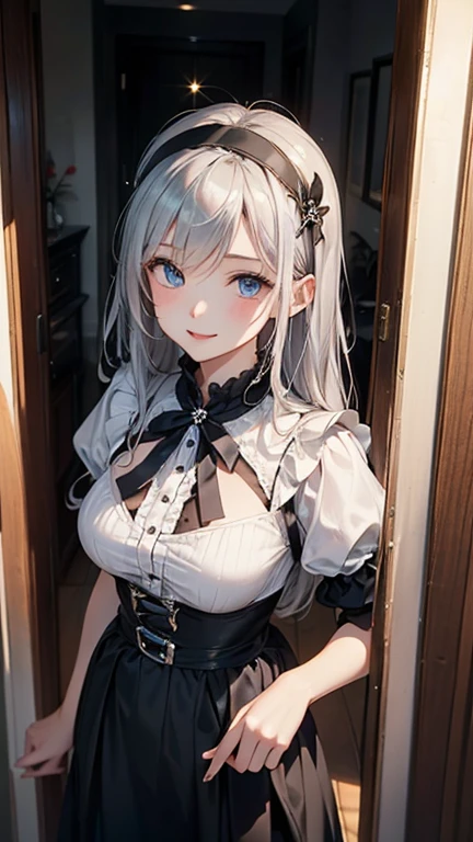 (最高masterpiece, highest quality, highest quality,official art),(mature woman:1.3),(attractive woman made),((masterpiece, highest quality))、8K、one woman、((30 years old))、((silver hair))、long hair、messy hair、attractive woman、blue eyes、Big eyes、sparkling eyes、Beautifully drawn eyes、smile、wink、small bust、Black Gothic Maid、((white headband))、(Waist to head:1.3)、Entrance of a luxurious house、aerial perspective、pure、transparent、Light、Light、Light、Light、