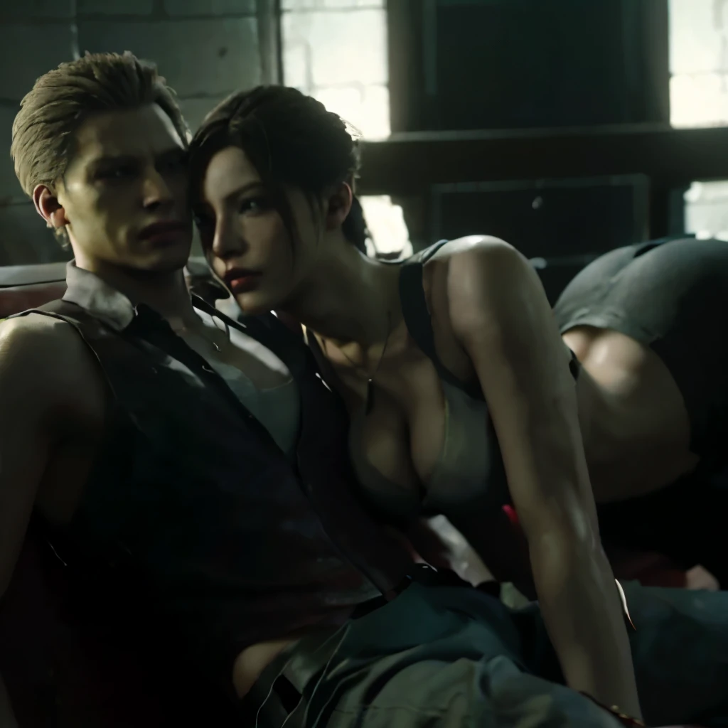 Claire Redfield and Albert Wesker,  RE2, sexy pose, kiss him, Claire wears white bra, ass