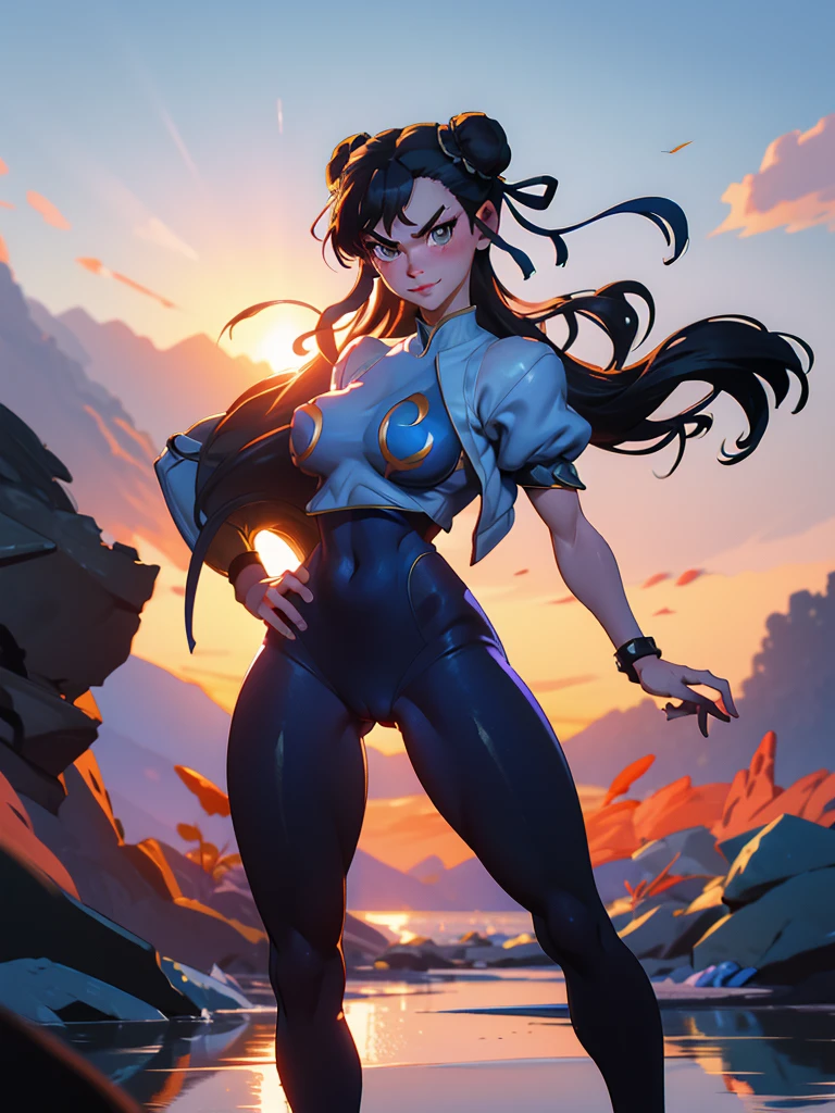 roupa azul,solo, low lighting, chun li masterpiece, best quality, agrias, grey sweater, black leotard, standing, looking at viewer, black hair,angry,smile,sunset,lago, reflexo na agua, por do sol
