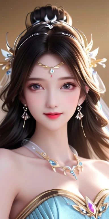 Best quality, masterpiece, high resolution, 1girl, clear silk porcelain dress, beautiful face, hair accessories, looking at the audience, smiling, close your mouth, lips, dress, hair accessories, necklaces, jewelry, long hair, earrings, beautiful face, on the body, Tindal effect, realism, dark studio, edge lighting, two-tone lighting, (high detail skin: 1.2), 8k UHD, DSLR, soft light, high quality, volumetric lighting, photo, high resolution 4K, 8k, blurred background