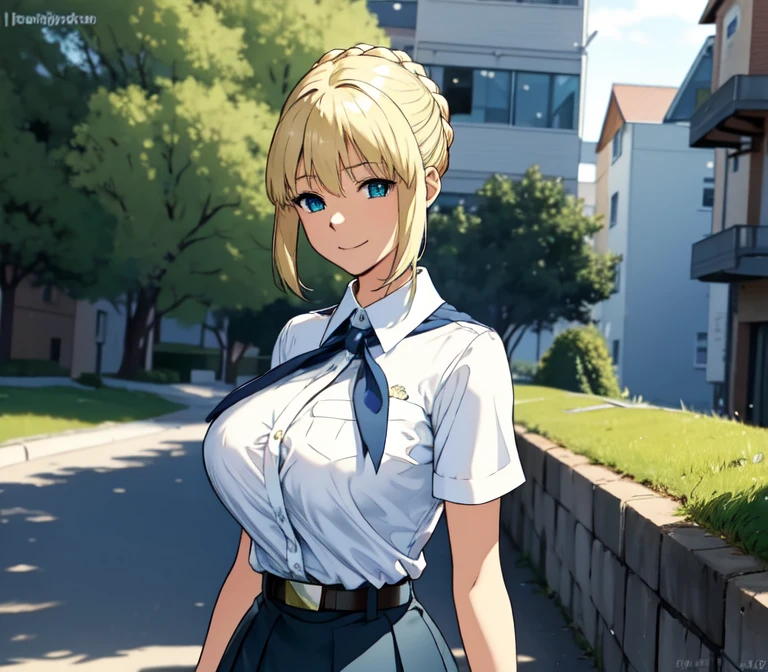 one very young slim fit girl, full height, rounded face, big blue eyes, shy smile, perfect huge breasts, pioneer neckerchief, micro tight blue pleated skirt, bangs, tight white shirt, short sleeves, collared shirt, belt, red neckerchief, breast pocket, braid, hair ribbon, blue ribbon, short curly fluffy blonde hair, saber